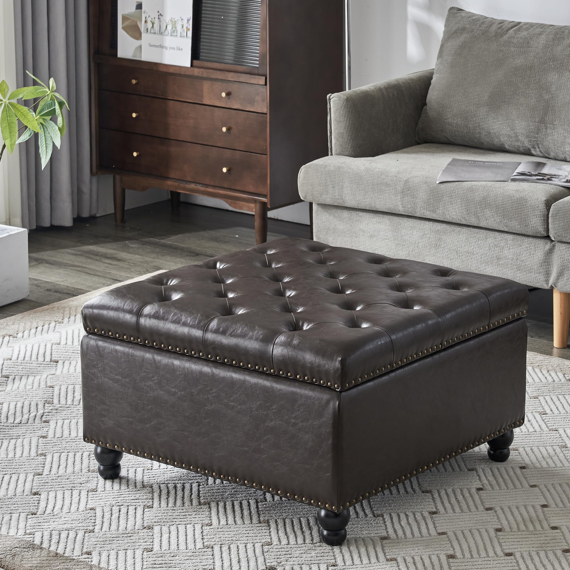 Square Storage Ottoman Bench - Oversized Coffee Table Ottoman with Hidden Storage for Living Room | Multi-Functional Seat, Footrest & Storage Solution