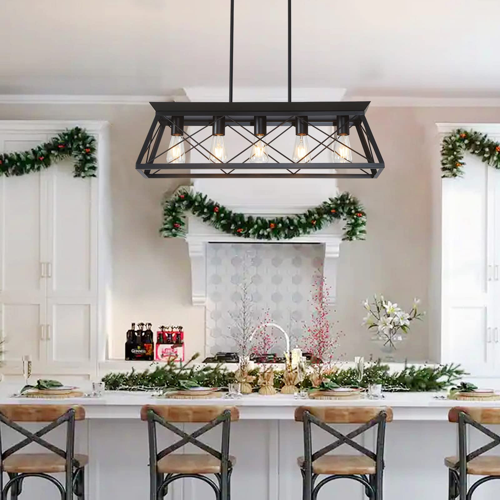 Modern 5-Light Black Chandelier for Dining Room, Farmhouse Kitchen Island, Entryway, Bedroom & Living Room - Elegant Ceiling Pendant Light Fixture for Home Decor