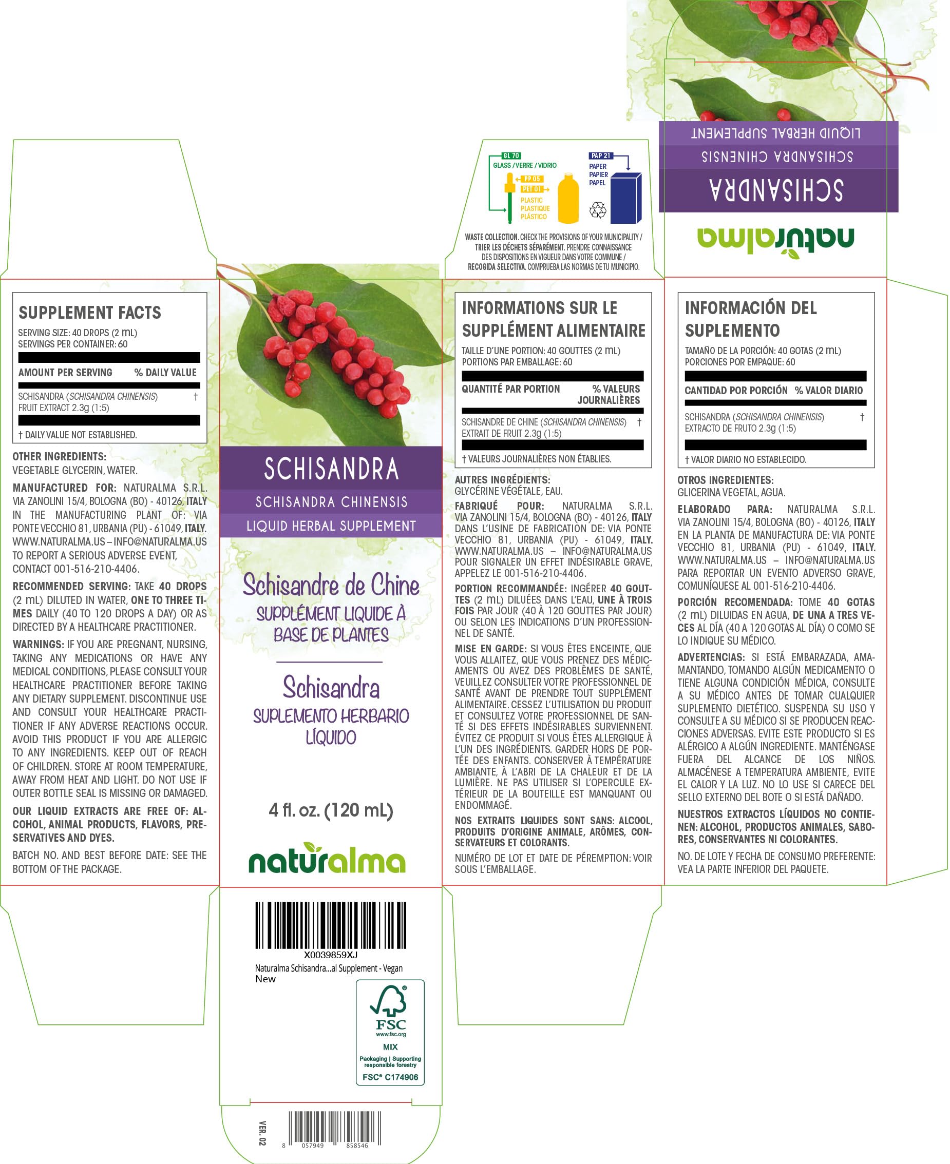 Naturalma Schisandra (Schisandra chinensis) Alcohol-Free Liquid Extract - 4 fl oz Herbal Supplement Drops - Vegan, Non-GMO - Boost Energy & Reduce Stress - Perfect for Daily Wellness & Adaptogenic Support