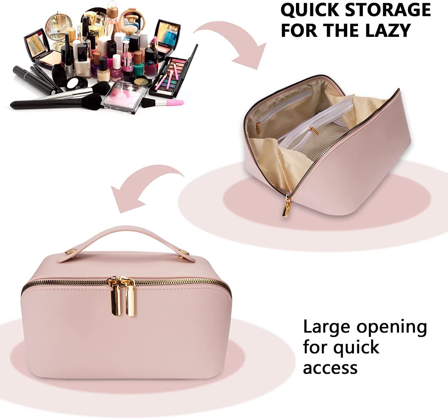 Large Capacity Waterproof PU Leather Travel Makeup Bag for Women - Pink Cosmetic Organizer with Multiple Compartments | Perfect for Vacation, Gym & Daily Use