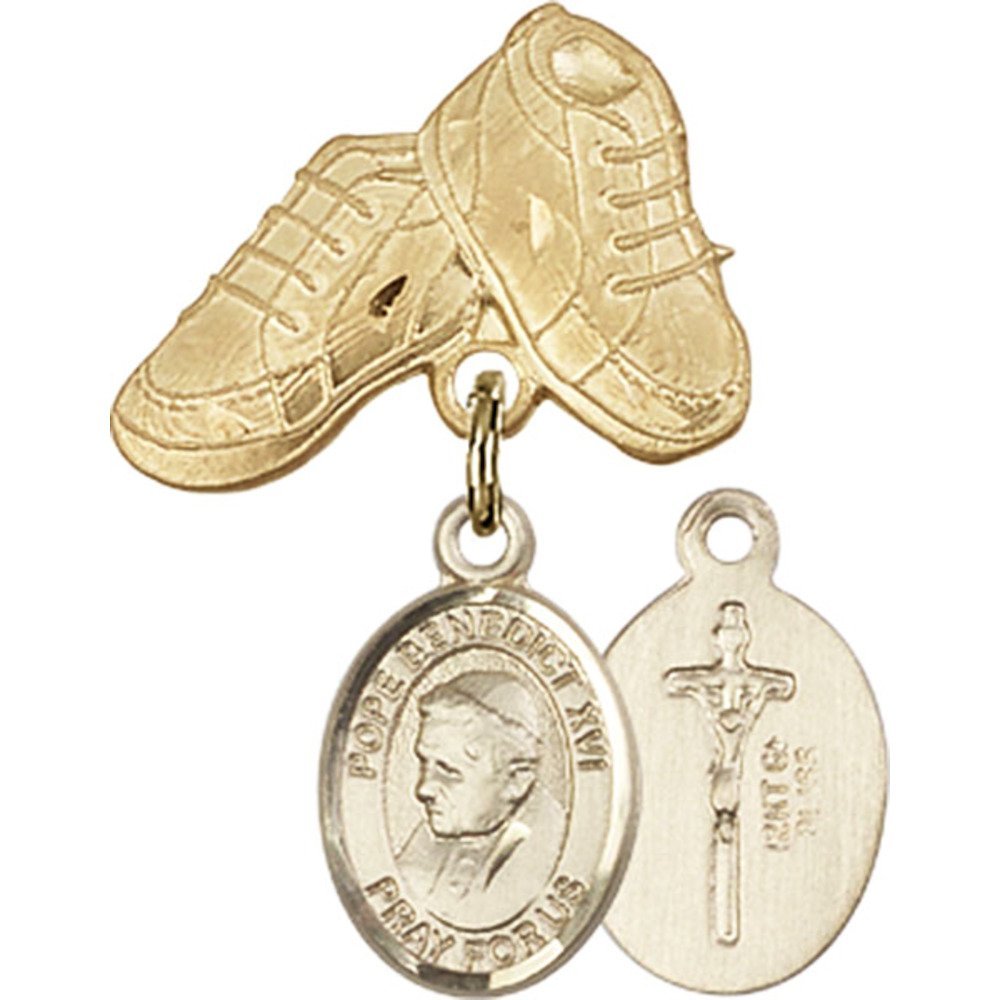 Bonyak Jewelry Gold Filled Saint Medal Charm - Pope Benedict XVI Baby Badge with Booties Pin (1