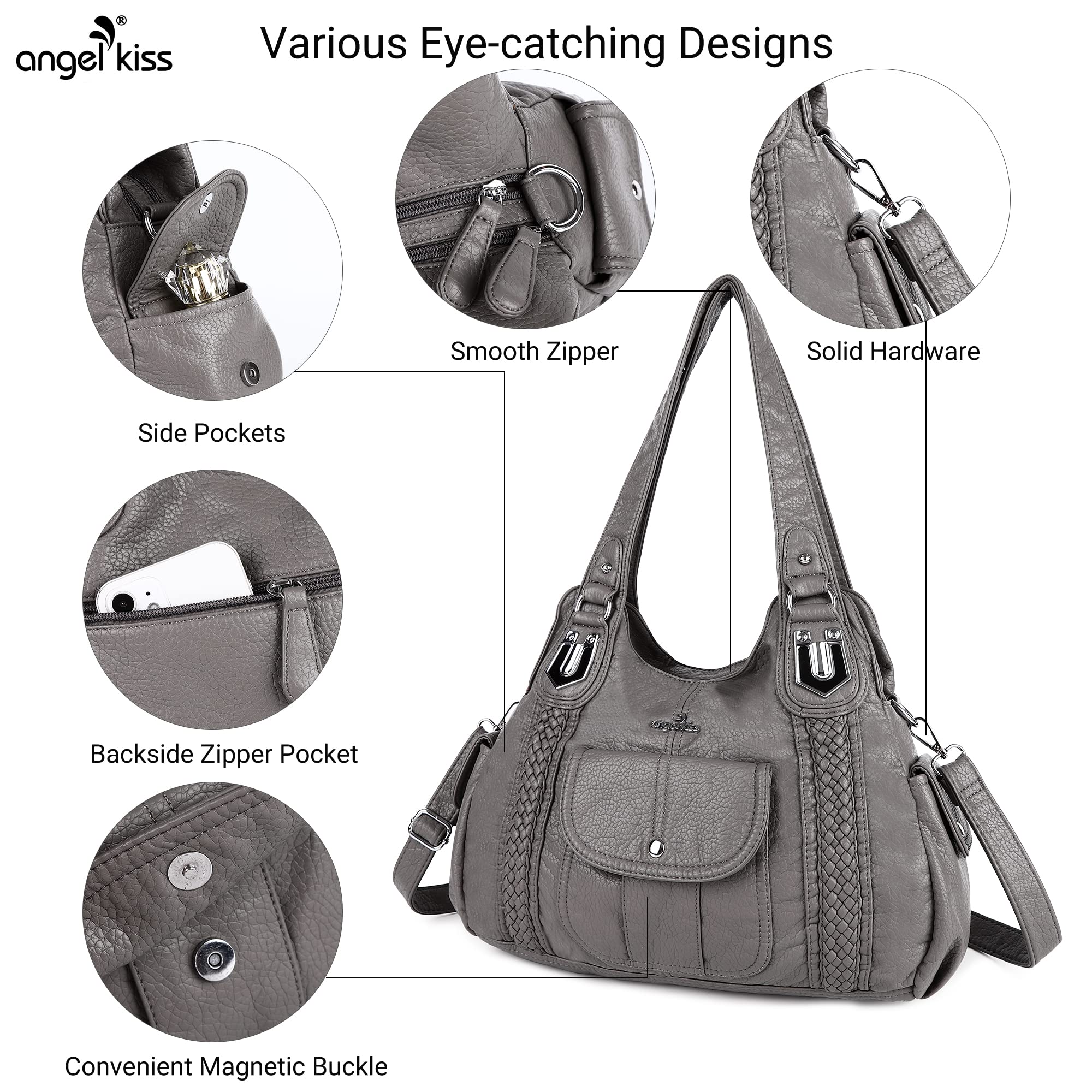 Angelkiss Women's Vegan Leather Crossbody Hobo Satchel Shoulder Tote Purse - Stylish & Durable Handbag for Work, Travel & Everyday Use