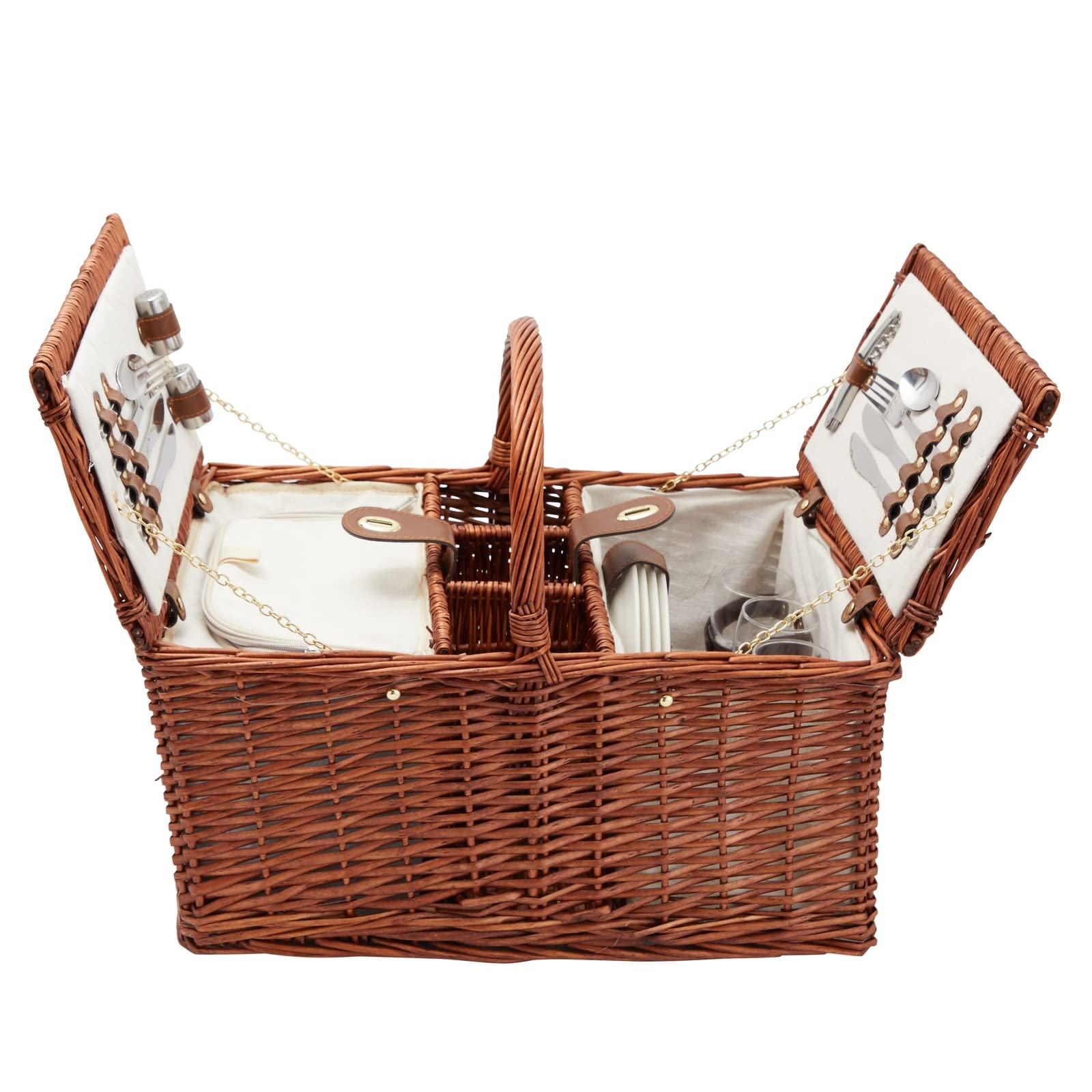 Juvale 4-Person Wicker Picnic Basket Set with Utensils, Wine Glasses & Insulated Cooler Bag - Luxury Camping & Outdoor Dining Essentials for Family Picnics, Beach Outings, and Romantic Getaways