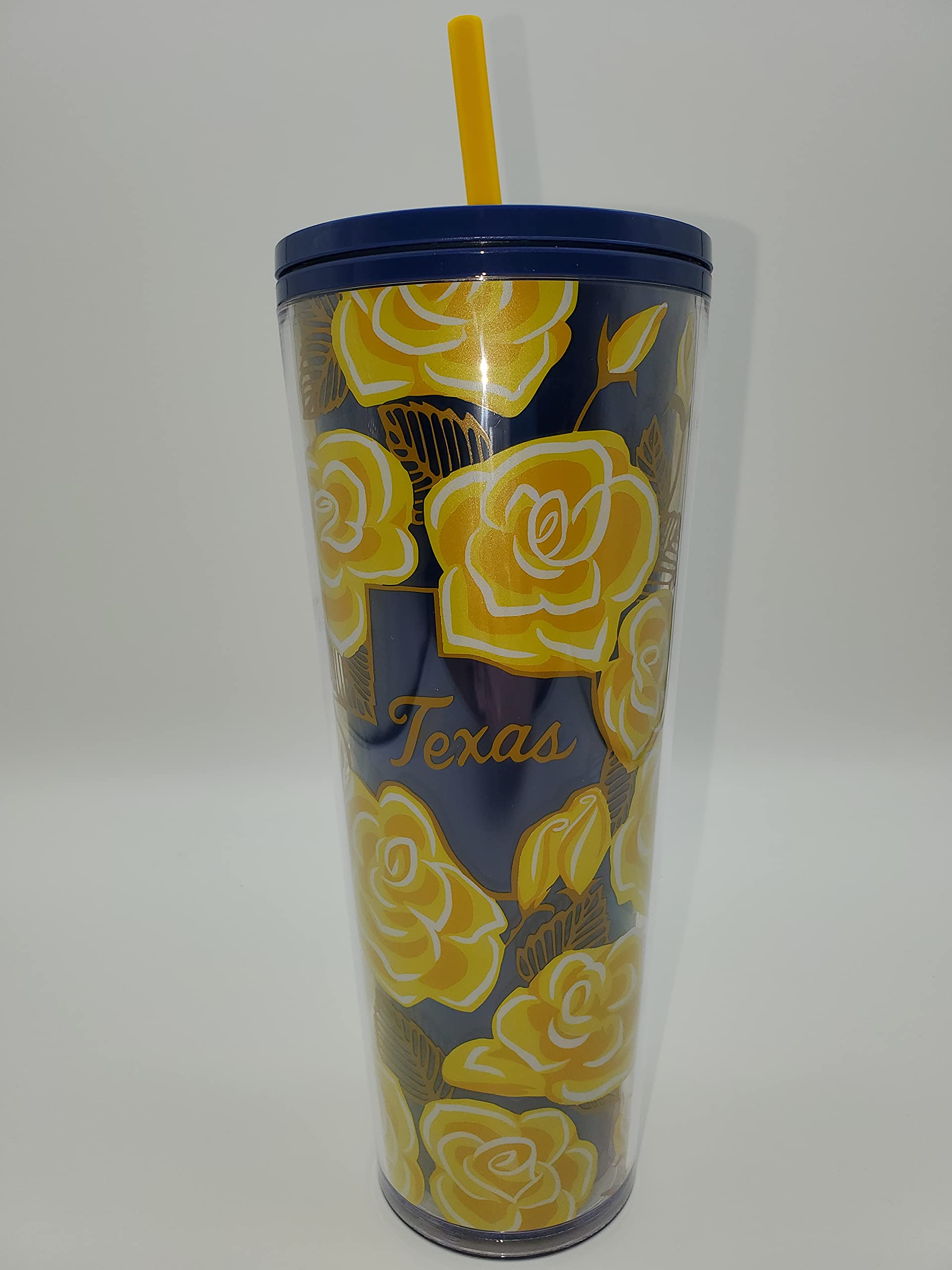 Starbucks Yellow Rose of Texas 24oz Plastic Tumbler with Straw - Insulated Cold Cup for Iced Coffee, Smoothies & Summer Drinks