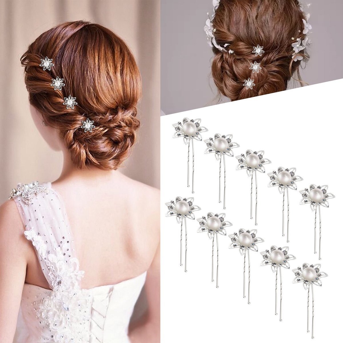 ROSENICE 10PCS Silver Flower Pearl Rhinestone Wedding Hair Pins - U-Shaped Bridal Hair Clips for Women, Buns & Updos - Elegant Hair Accessories for Bridal Showers, Prom, Parties & Special Occasions