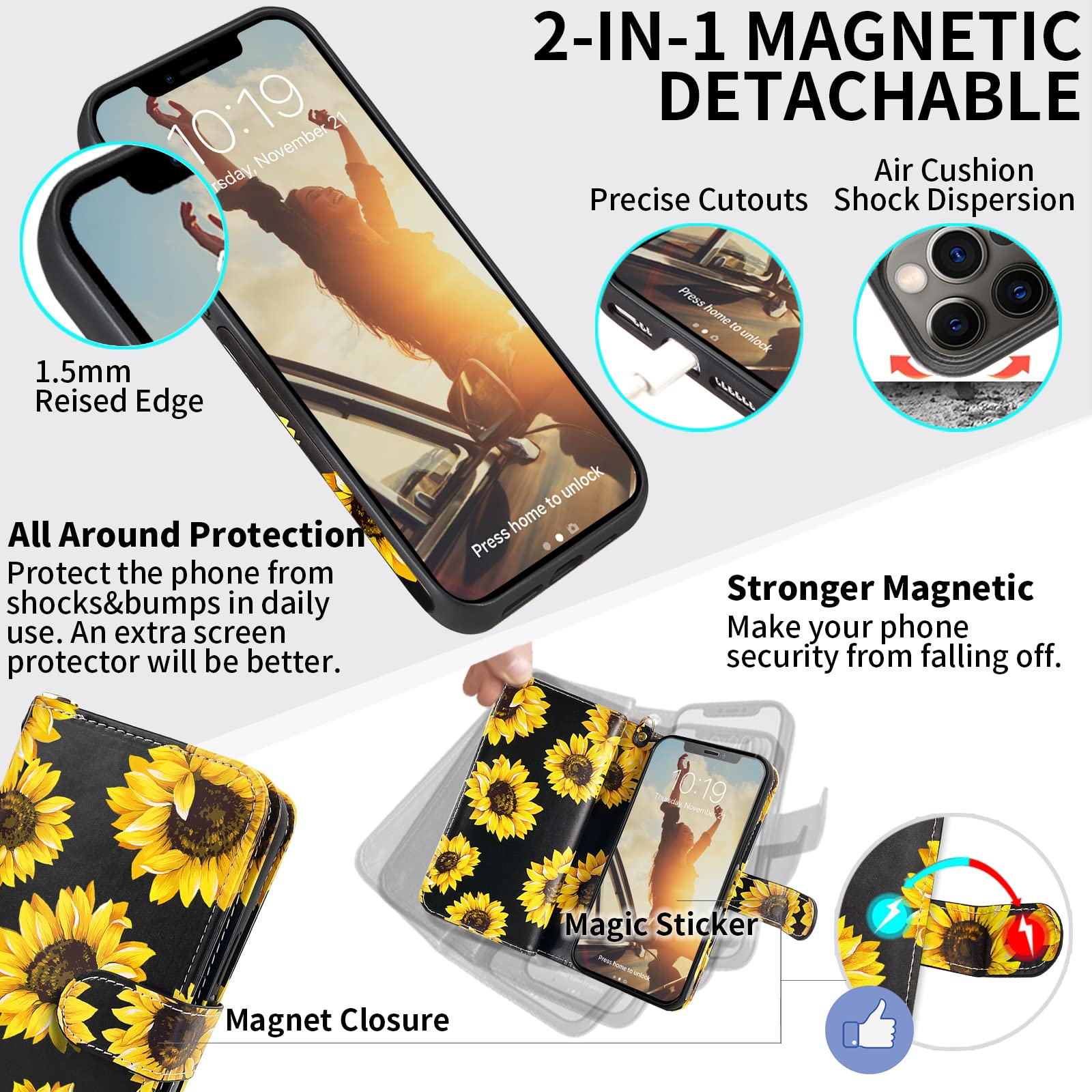 Premium Magnetic Detachable Leather Wallet Case for iPhone 12 Pro Max - Folio Design with Hand Strap & 9 Card Slots (Sunflower Pattern) | Women's Fashion Phone Case for Daily Use, Travel & Business Meetings