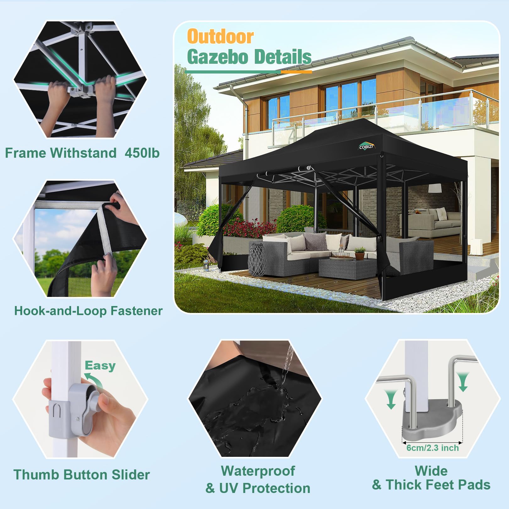 COBIZI 10x15 Heavy Duty Waterproof Pop Up Canopy Tent with Sidewalls & Mosquito Net - Easy Setup Instant Shelter for Outdoor Events, Weddings, Backyard Parties - Includes Carry Bag (Black) | Perfect for Camping, Beach Trips, Farmers Markets and Tailgating