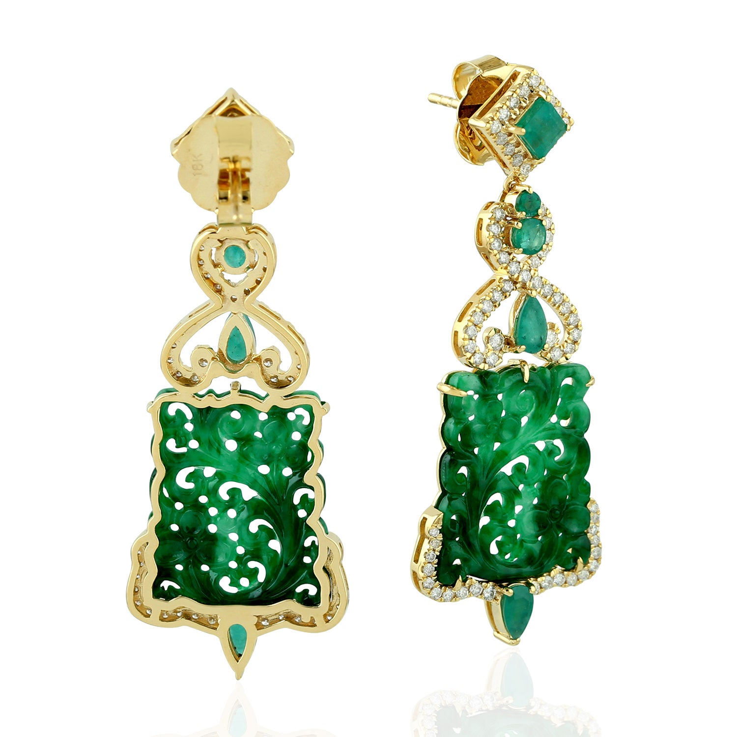Exquisite Handcarved Filigree Jade & Emerald Diamond Dangle Earrings in 18K Yellow Gold for Women | Luxury Jewelry Gift for Weddings, Parties & Special Occasions