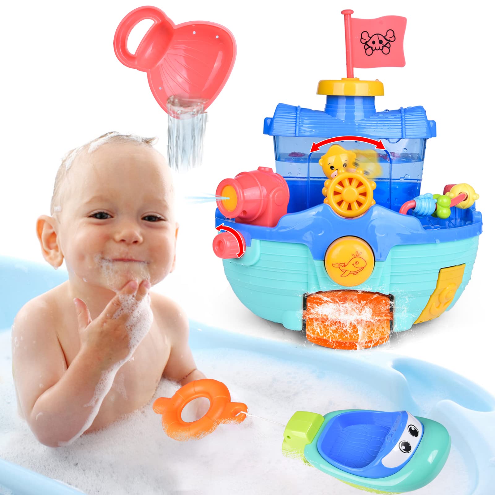 FUN LITTLE TOYS Toddler Bath Boats Set - 2 Pack Waterproof Bathtub Toys for Boys & Girls, Floating Bath Time Play Set for Sensory Development & Early Learning | Perfect for Bath Time Fun, Pool Parties & Indoor Water Play