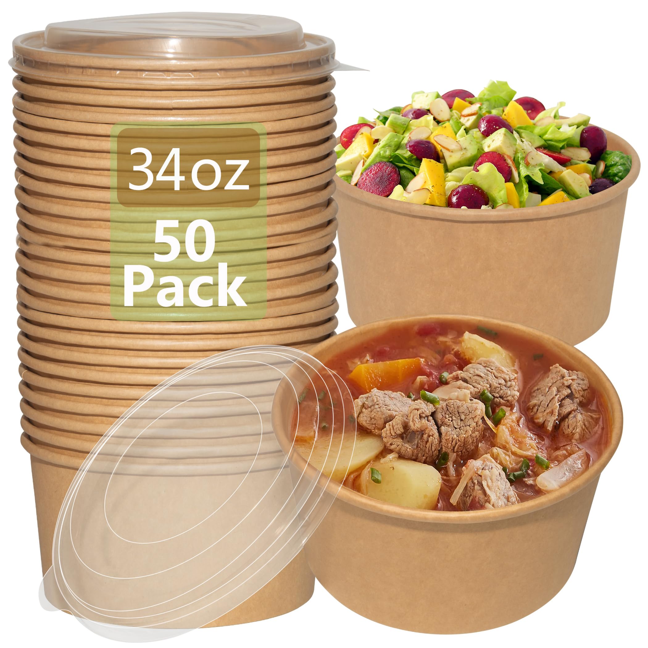50 Sets 34 oz Disposable Paper Bowls with Lids - Microwave Safe, Leakproof Deli Containers for Salads, Soup, Toppings & Snacks - Perfect for Lunch, Camping & Family Gatherings