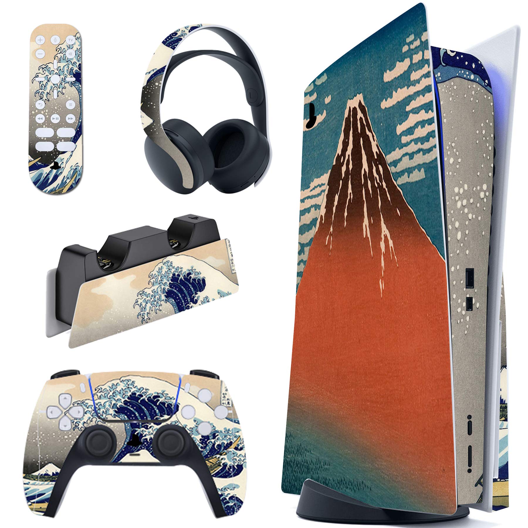 PlayVital The Great Wave Full Skin Decal Set for PS5 Console Disc Edition - Protective Vinyl Stickers for PS5 Controller, Charging Station, Headset & Media Remote - Japanese Wave Art Design for Gaming Setup & Home Decor
