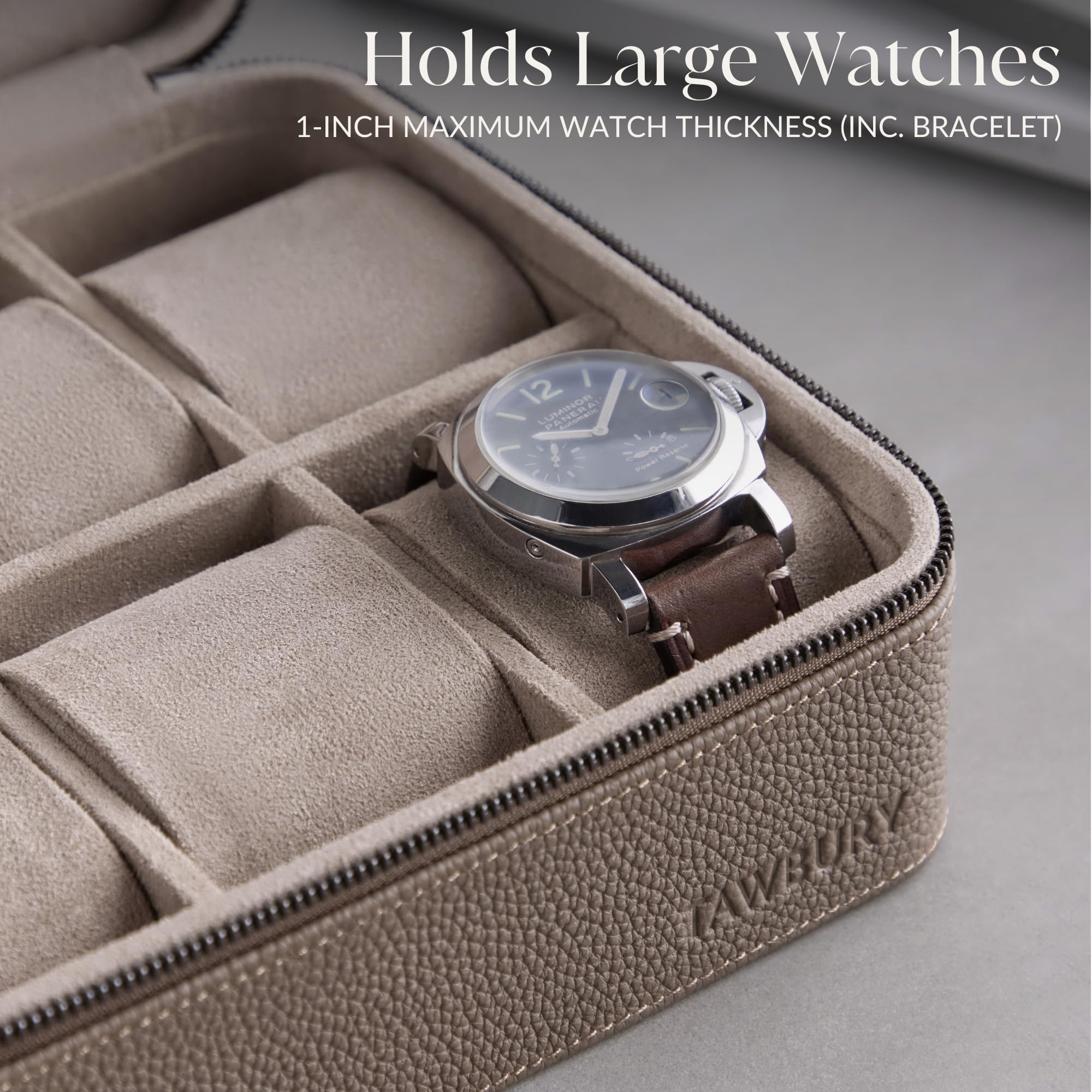 TAWBURY 8 Slot Luxury Watch Case - Genuine Leather Watch Box with Plush Microsuede Interior & M-Shaped Pillows for 8 Watches | Portable Watch Storage Organizer for Travel, Home Display & Gift (Taupe)