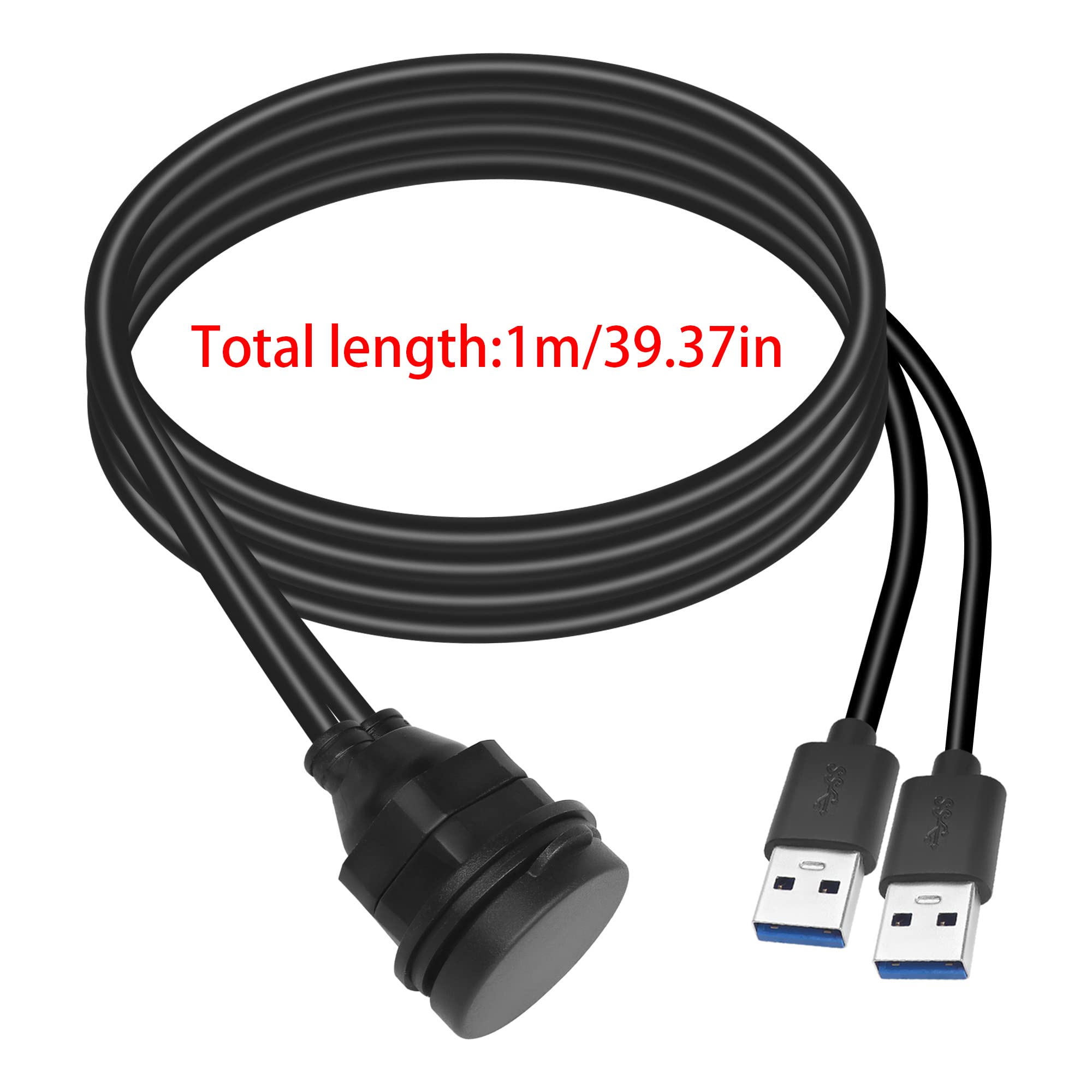 QIANRENON Dual USB C to USB 3.0 Waterproof Panel Mount Adapter - 2 USB 3.0 Male to 2 USB C Female Flush Mount Extension Cable (1m/3.3ft) - for Marine, Automotive & Outdoor Use in Cars, Boats, Trucks, Yachts & Motorcycles