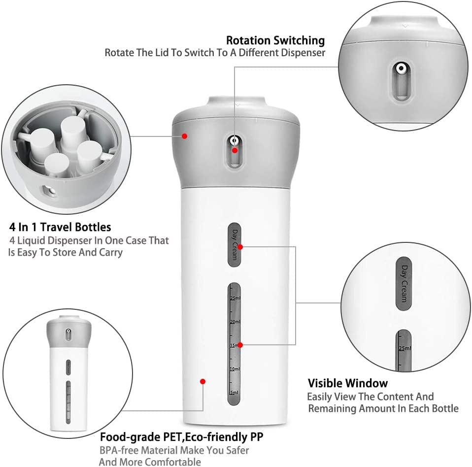 Slyford ABS 4-in-1 Travel Shampoo Lotion Gel Dispenser Set - 4x 40ml Leak-Proof Cosmetic Pump Bottles for Shampoo, Conditioner, Body Wash & Lotion (Multi-Color) - Perfect for Gym, Travel, Camping & Home Bathroom Organization