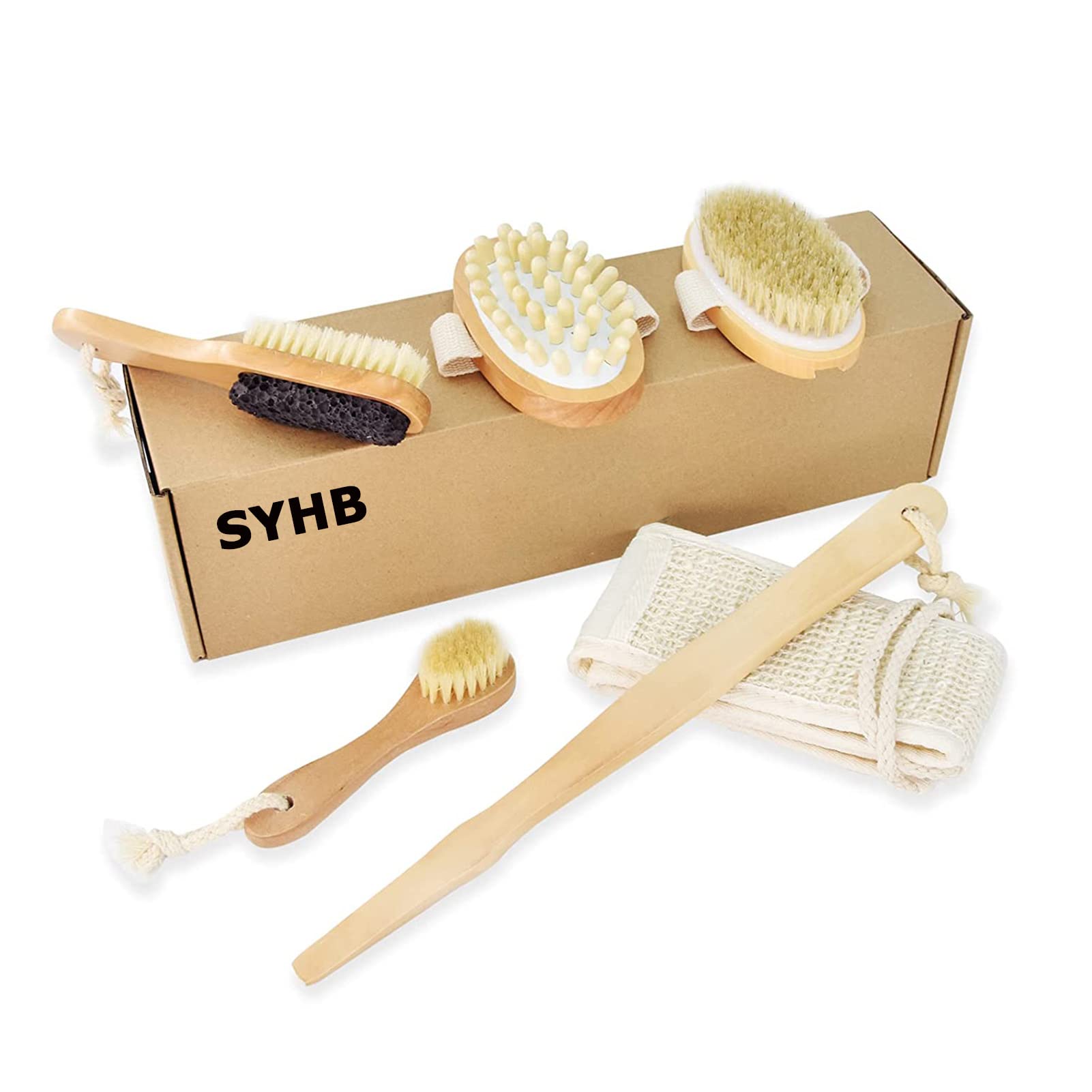 Dry Brushing Body Brush Set - 5pcs Natural Bristle Exfoliating Brushes for Shower & Dry Skin Care | Includes Back Scrubber & Body Scrubber | Perfect for Detox, Lymphatic Drainage & Cellulite Reduction
