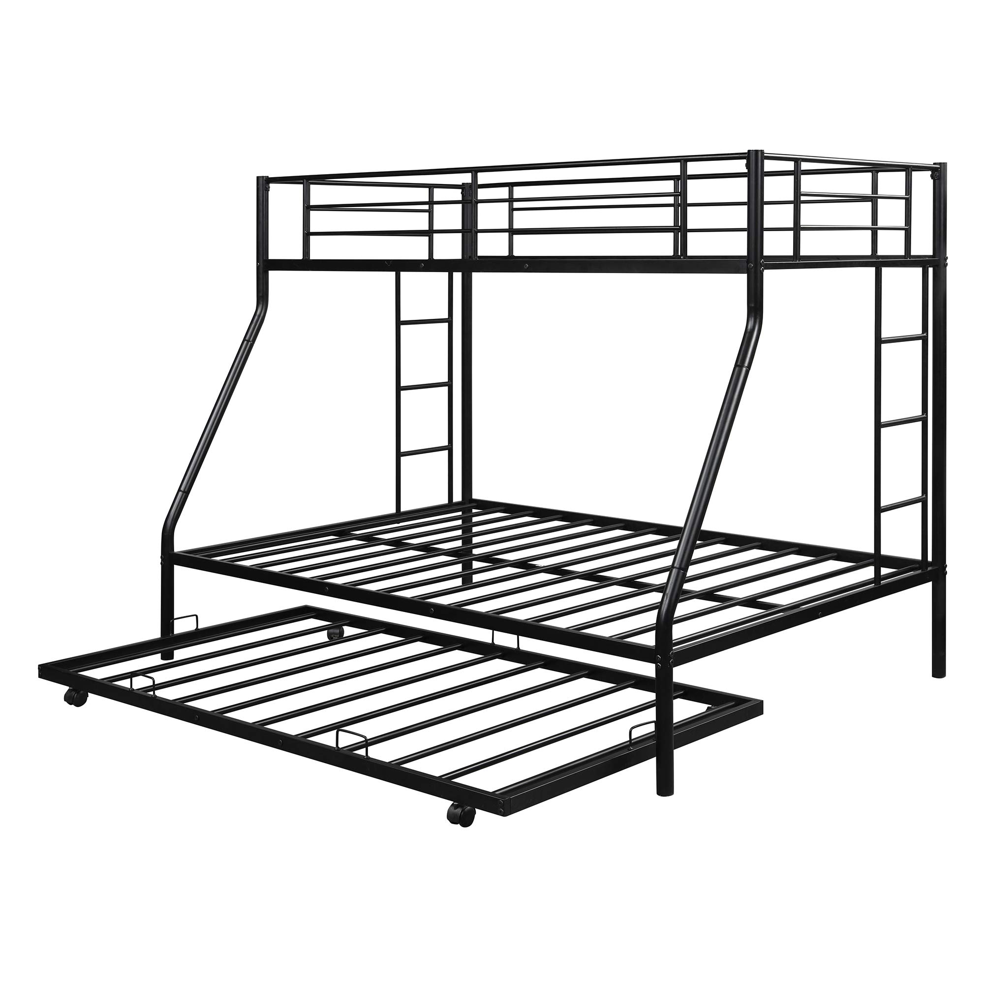 Metal Bunk Beds Twin Over Full Size with 2 Ladders & Trundle - Sturdy Space-Saving Bed for Kids, Teens & Adults (Black) - Perfect for Small Bedrooms, Guest Rooms & Dormitories