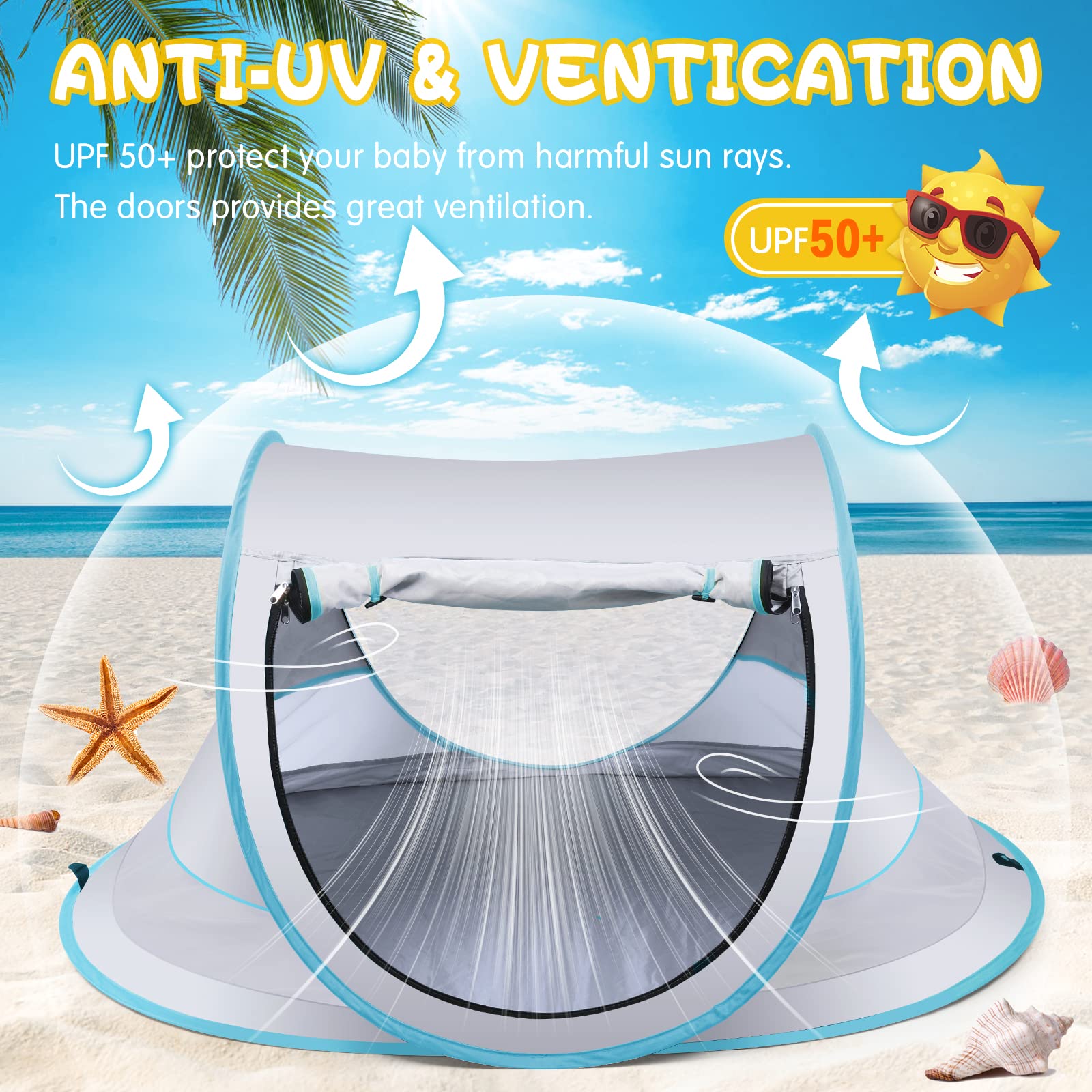 Baby Beach Tent with UPF 50+ UV Protection - Large Pop Up Sun Shade Shelter for Infants, Portable Travel Tent with Mosquito Net - Perfect for Outdoor Beach Trips, Park Playdates & Indoor Baby Play Areas
