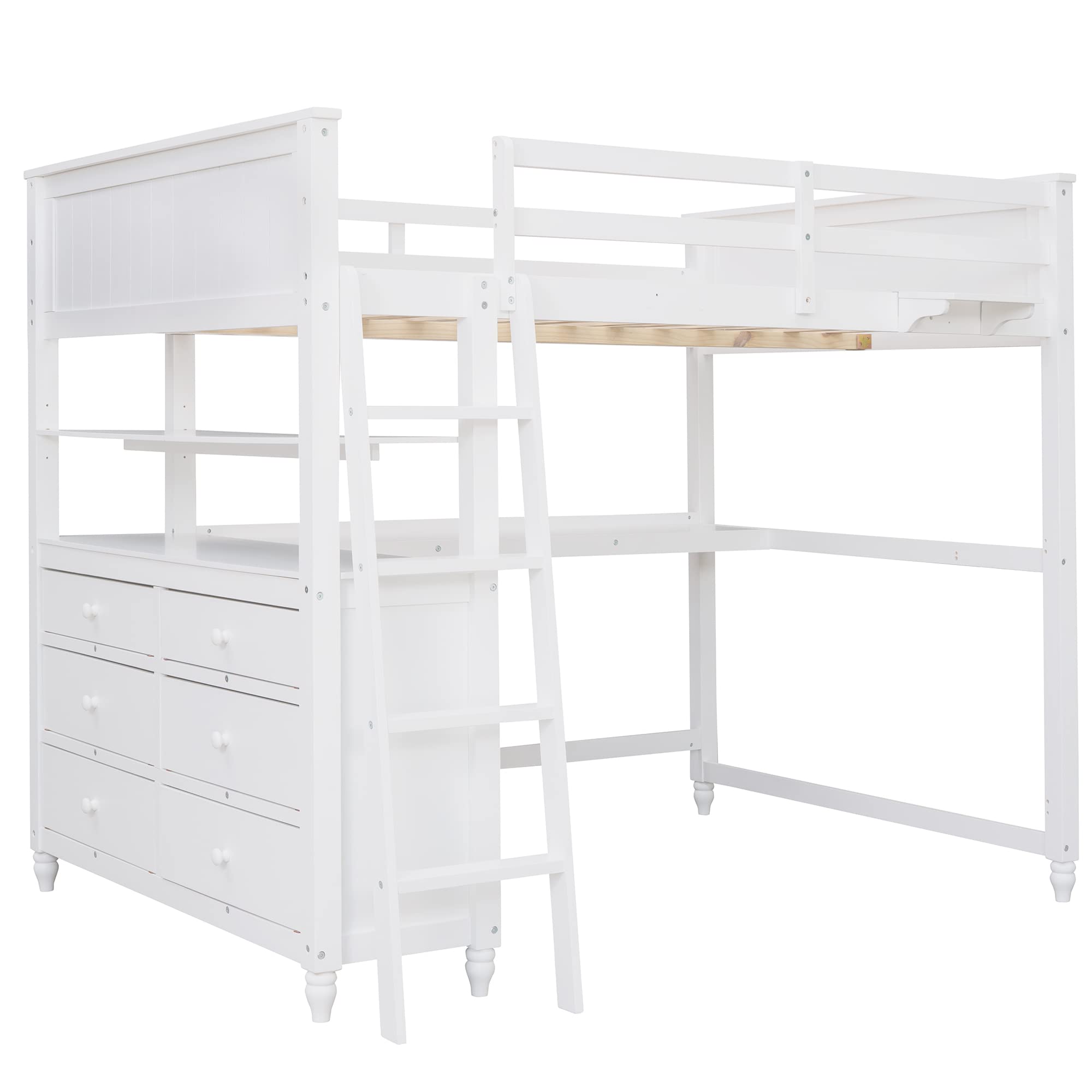 Full Size Loft Bed with Desk & Storage Drawers - Sturdy Wooden Bunk Bed with Safety Guardrails, Ladder, Headboard & Footboard - Space-Saving High Loft Bed for Kids, Teens & Adults (White) - Perfect for Small Bedrooms, Dorms & Studio Apartments