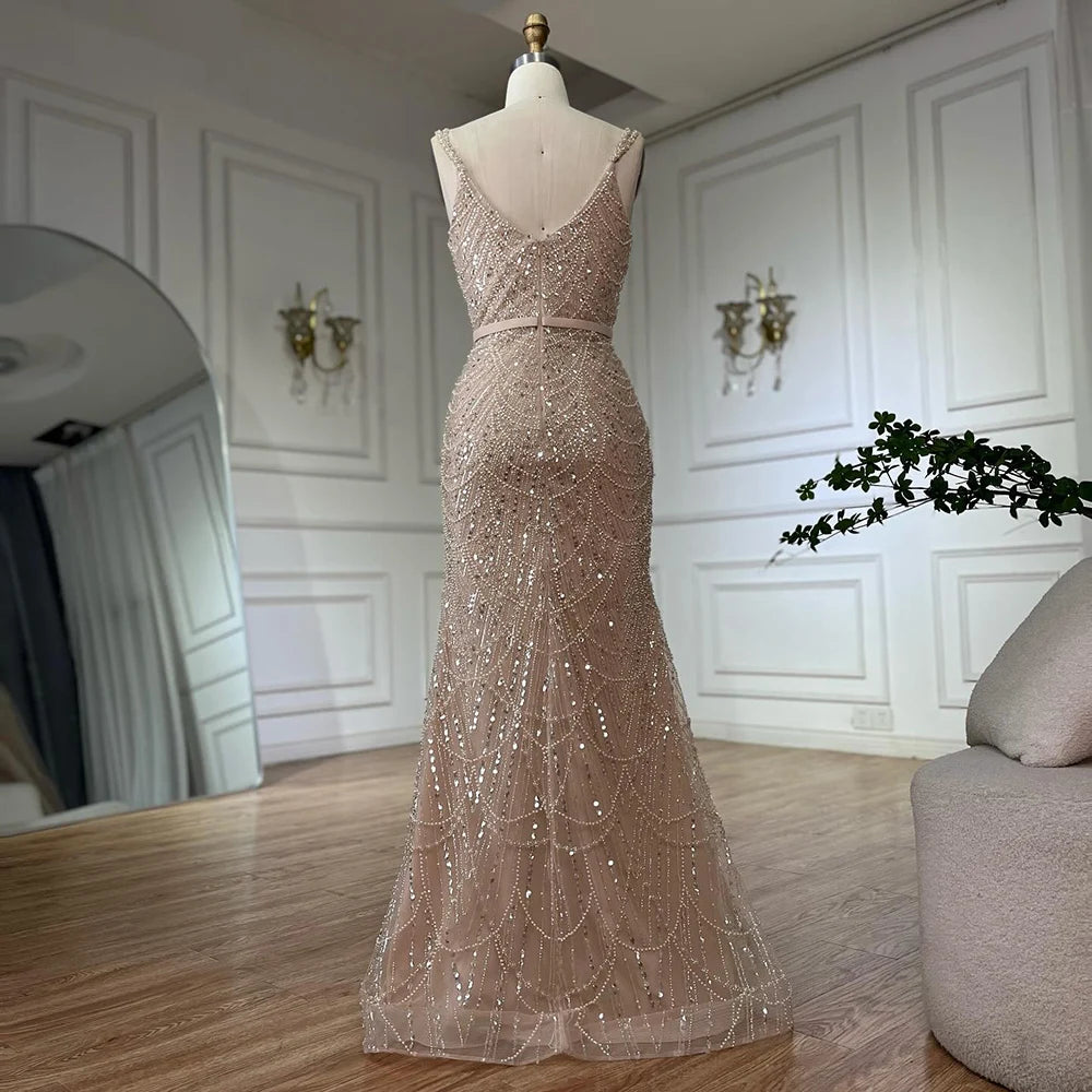 Elegant Dubai Beaded Nude Spaghetti Strap Mermaid Gown with Detachable Long Sleeve Jacket - Formal Evening Dress for Prom, Wedding & Gala Events LA72160C