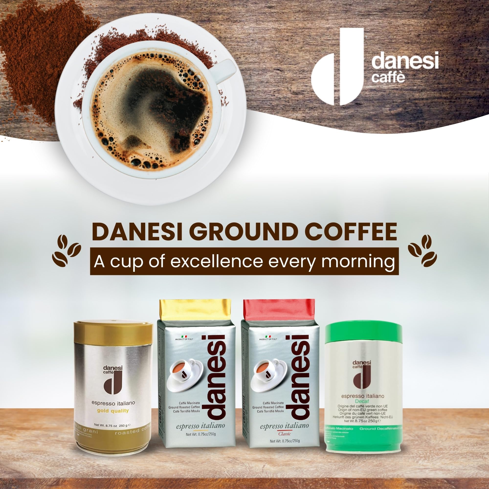 Danesi Caffe Italian Ground Coffee - Premium Medium Roast Espresso Blend for Moka Pot, French Press & Drip Coffee Makers - Rich Aroma & Smooth Taste - Perfect for Home Brewing, Office Use & Gifts (8.75 oz Pack)