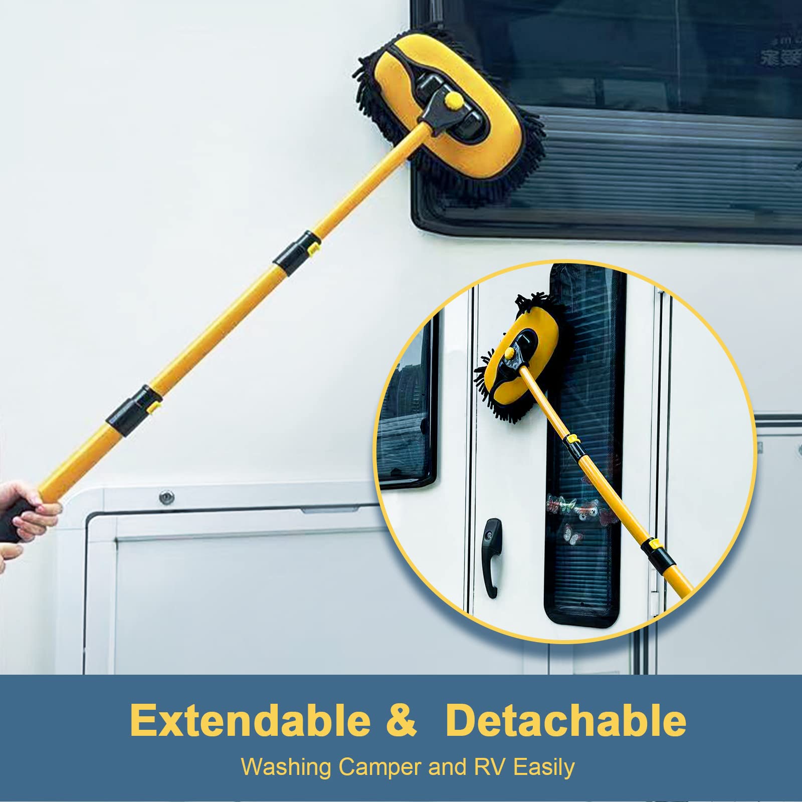 Premium Microfiber Car Wash Brush with Extendable 15° Curved Pole - Replaceable Chenille Brush Head for Gentle Cleaning - Ideal for RV, Truck, Camper & SUV Washing - Yellow Car Detailing Kit for Scratch-Free Shine