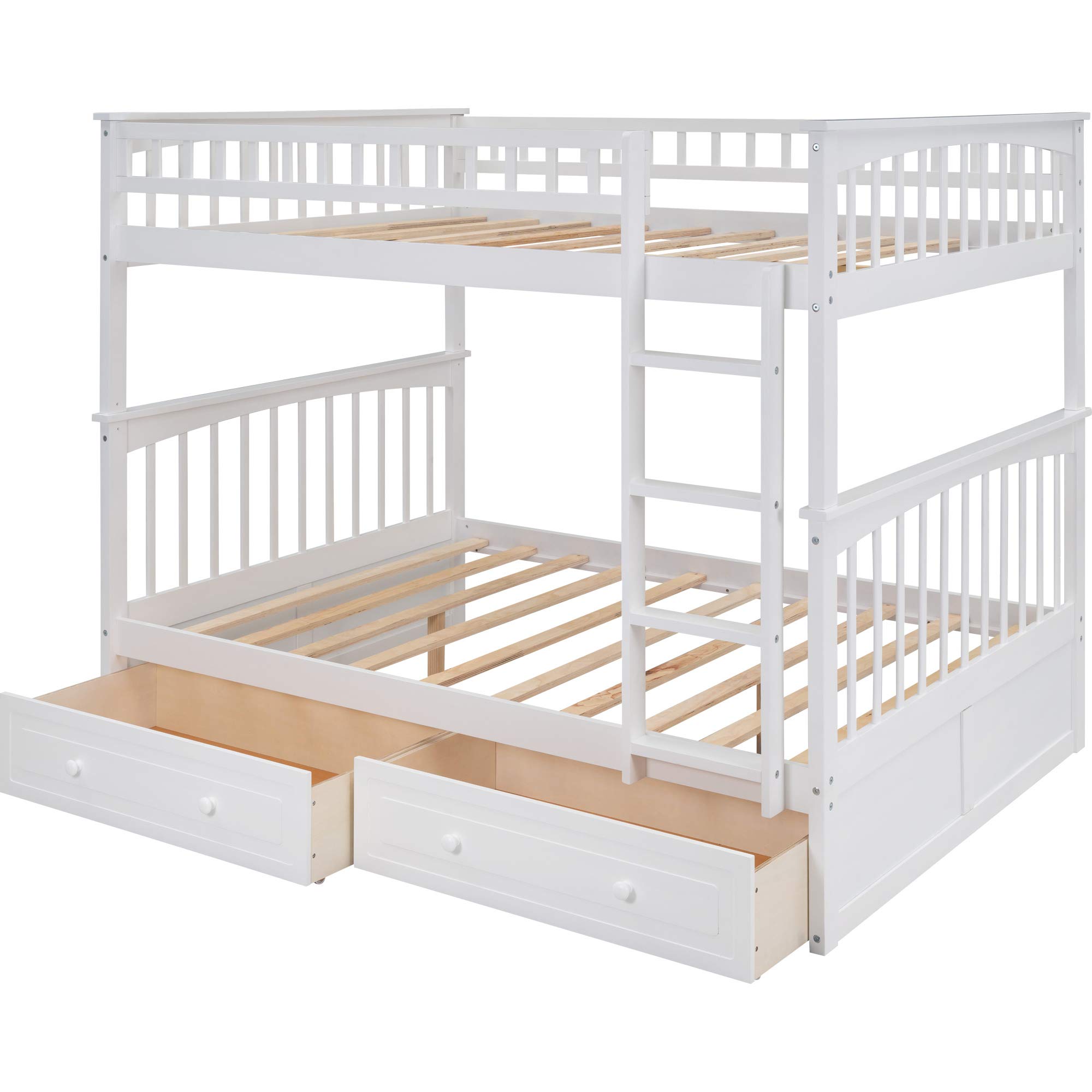 Solid Wood Full Over Full Bunk Bed with Storage Drawers & Ladder - Convertible to Twin Daybeds for Kids & Guest Rooms