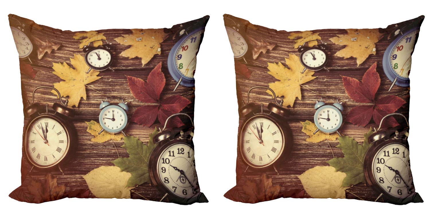 Ambesonne Fall Decorative Throw Pillow Covers Set of 2 - Autumn Maple Leaves & Vintage Alarm Clocks Wooden Plank Print - 18 Inch Multicolor Cushion Covers for Couch, Bedroom, Living Room - Perfect for Seasonal Home Decor & Cozy Autumn Ambiance