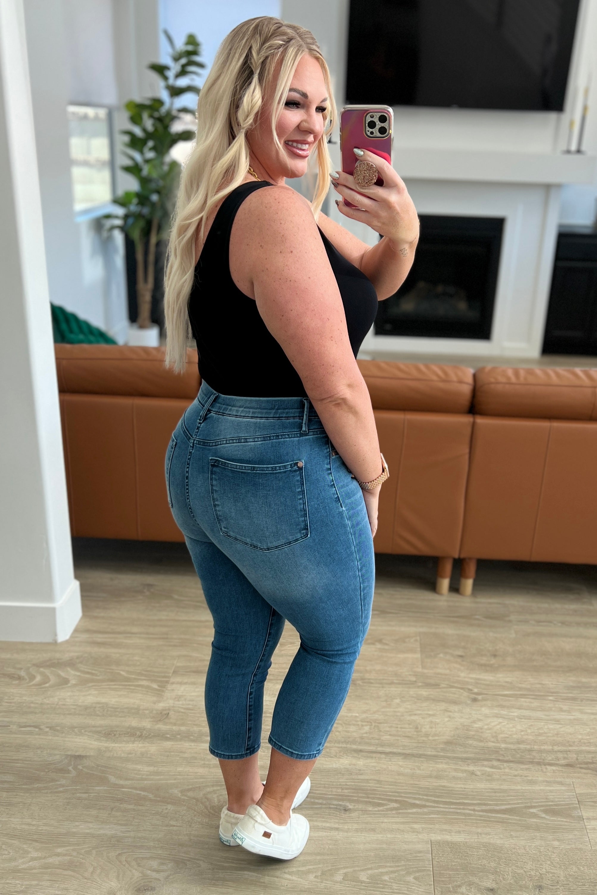 Emily High Rise Cool Denim Pull On Capri Jeans for Women - Stretchy Comfort Fit, Trendy Casual Summer Pants for Travel & Everyday Wear