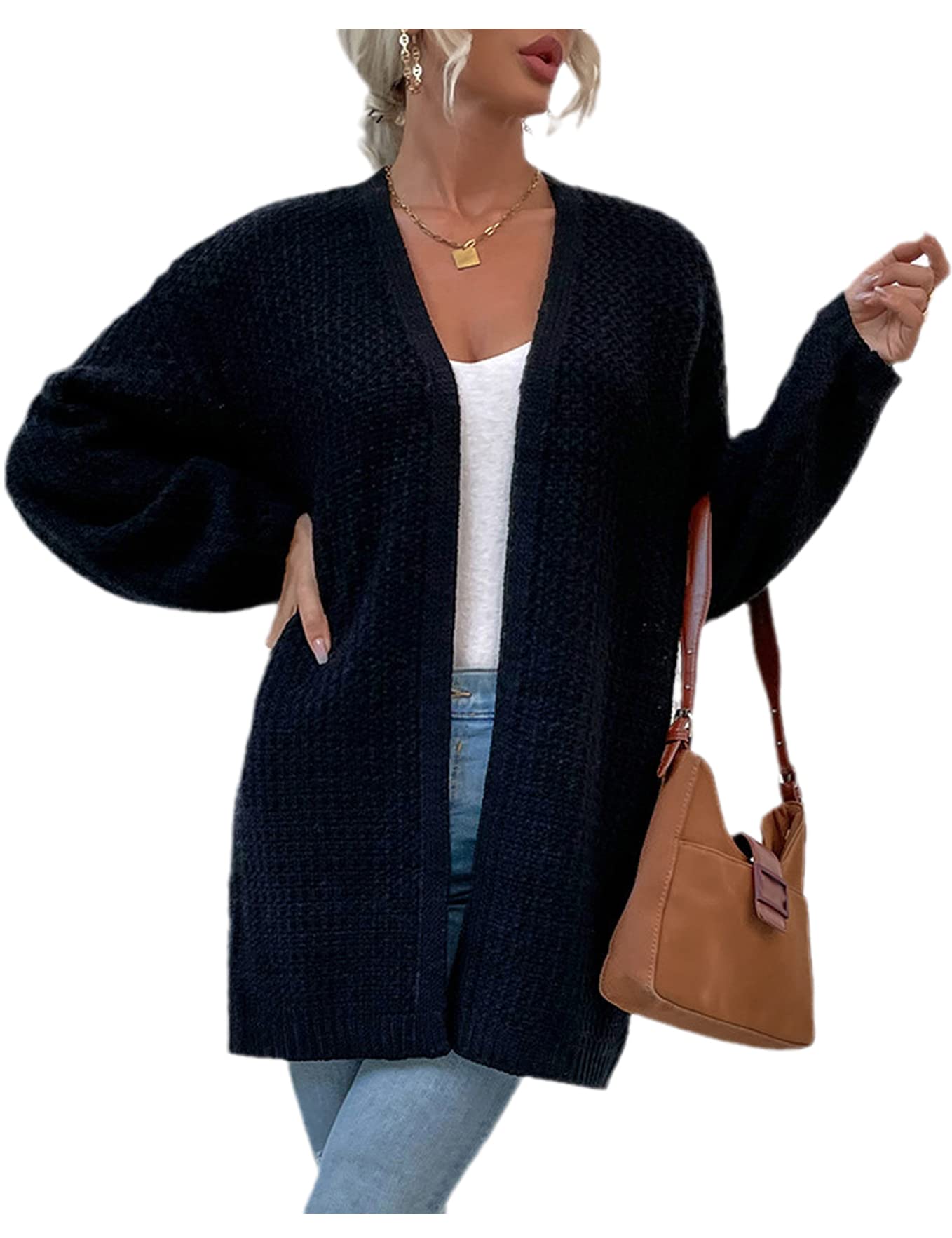 MOONETTO Women's Long Sleeve Open Front Waffle Knit Cardigan - Chunky Knit Draped Sweater for Fall & Winter - Cozy Loungewear, Office Wear & Casual Outfits