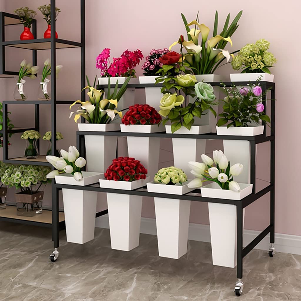 Heavy Duty 3-Tier Flower Cart with 12 Buckets & Wheels - 33 Inch Tall Plant Stand for Florists, Garden, Patio - Perfect for Flower Displays, Nursery Organization & Outdoor Decor (Black)