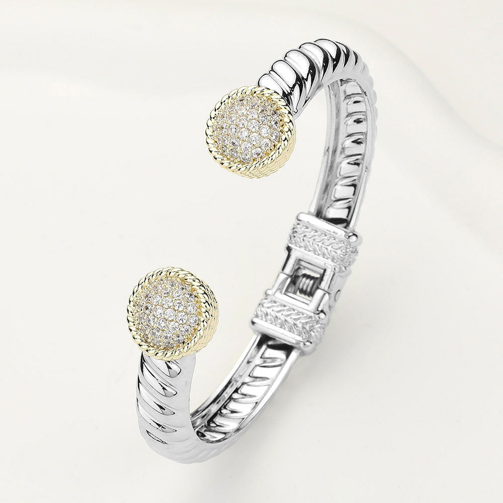 CZ Stone Paved Round Tip Hinged Two Tone Cuff Bracelet for Women - Elegant Silver & Gold Jewelry for Party, Wedding & Special Occasions