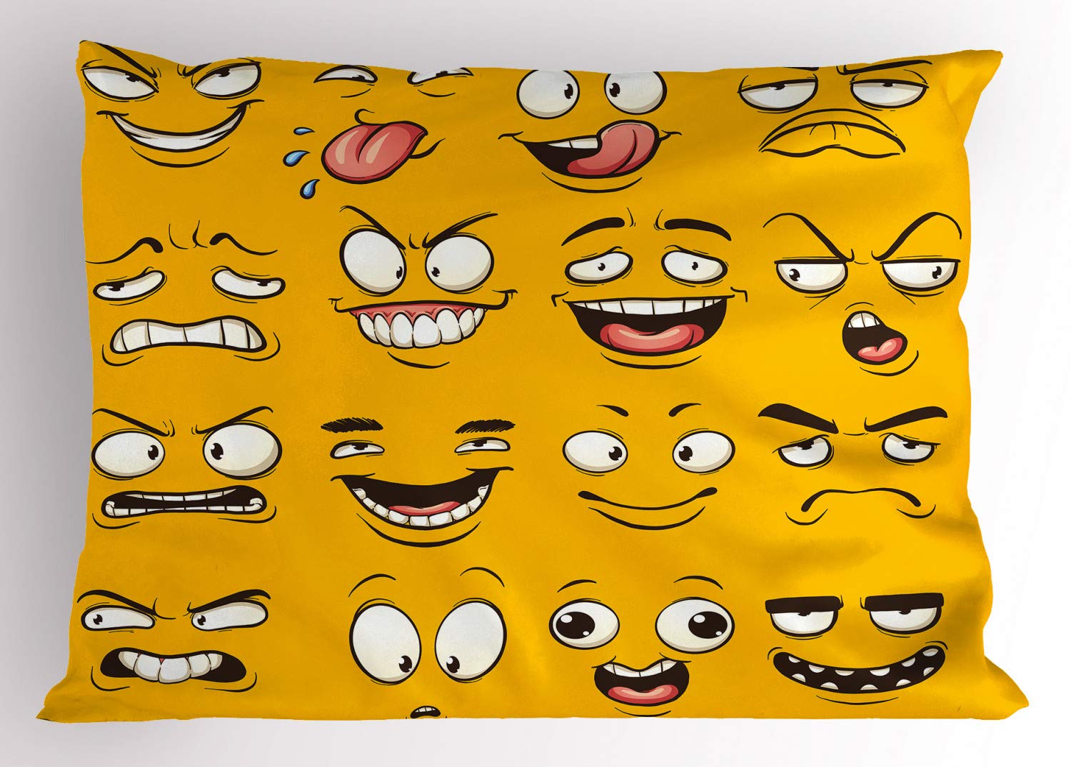 Ambesonne Emoticon Pillow Sham - Smiling, Surprised, Sad, Happy, Sarcastic & Angry Mood Faces Printed Pillowcase - Standard Queen Size 30