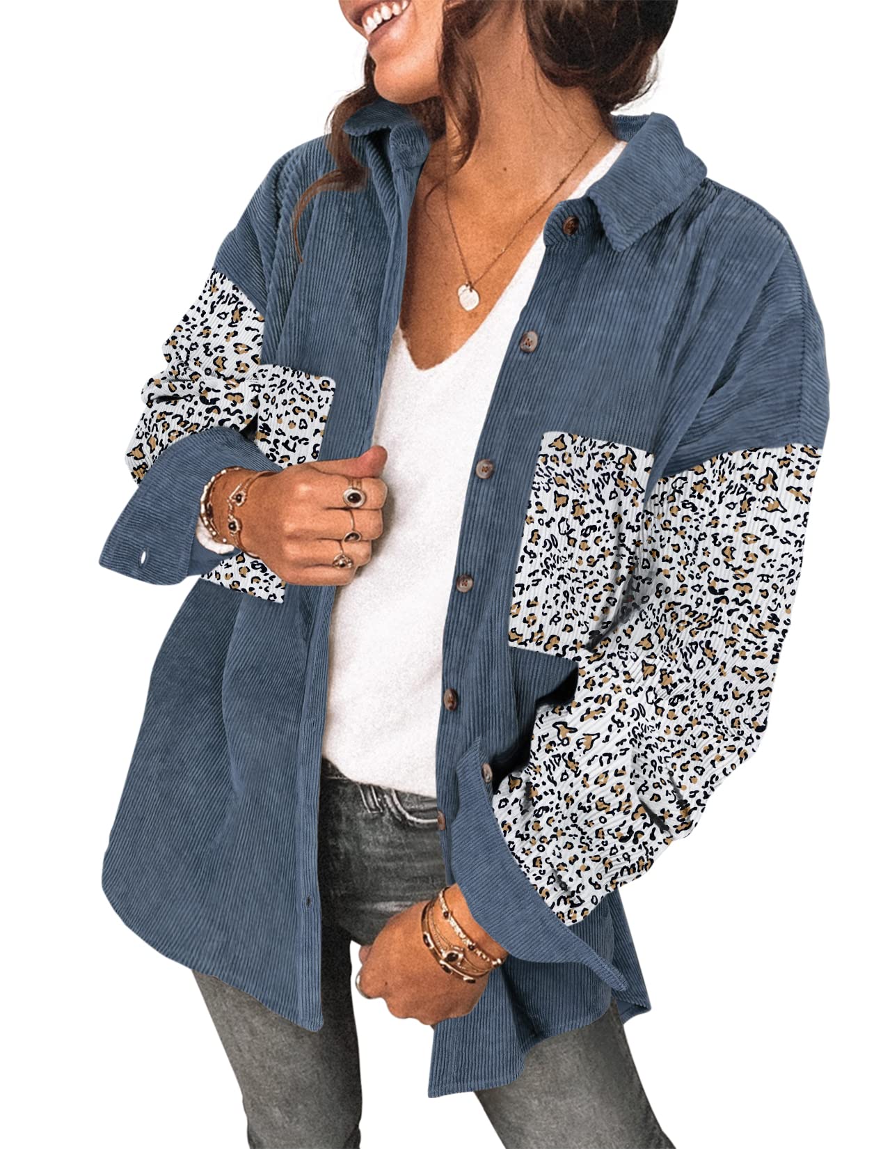 Saslax Women's Corduroy Shirt - Long Sleeve Oversized Button Up Blouse with V-Neck, Loose Shacket Jacket for Casual Wear, Work Office & Fall Outfits