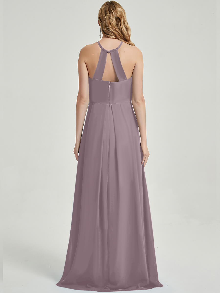 Elegant Chiffon Bridesmaid Dress - Dusk Halter Sleeveless Empire Waist Maxi with Pleated Backless Design | Perfect for Weddings, Parties & Formal Events
