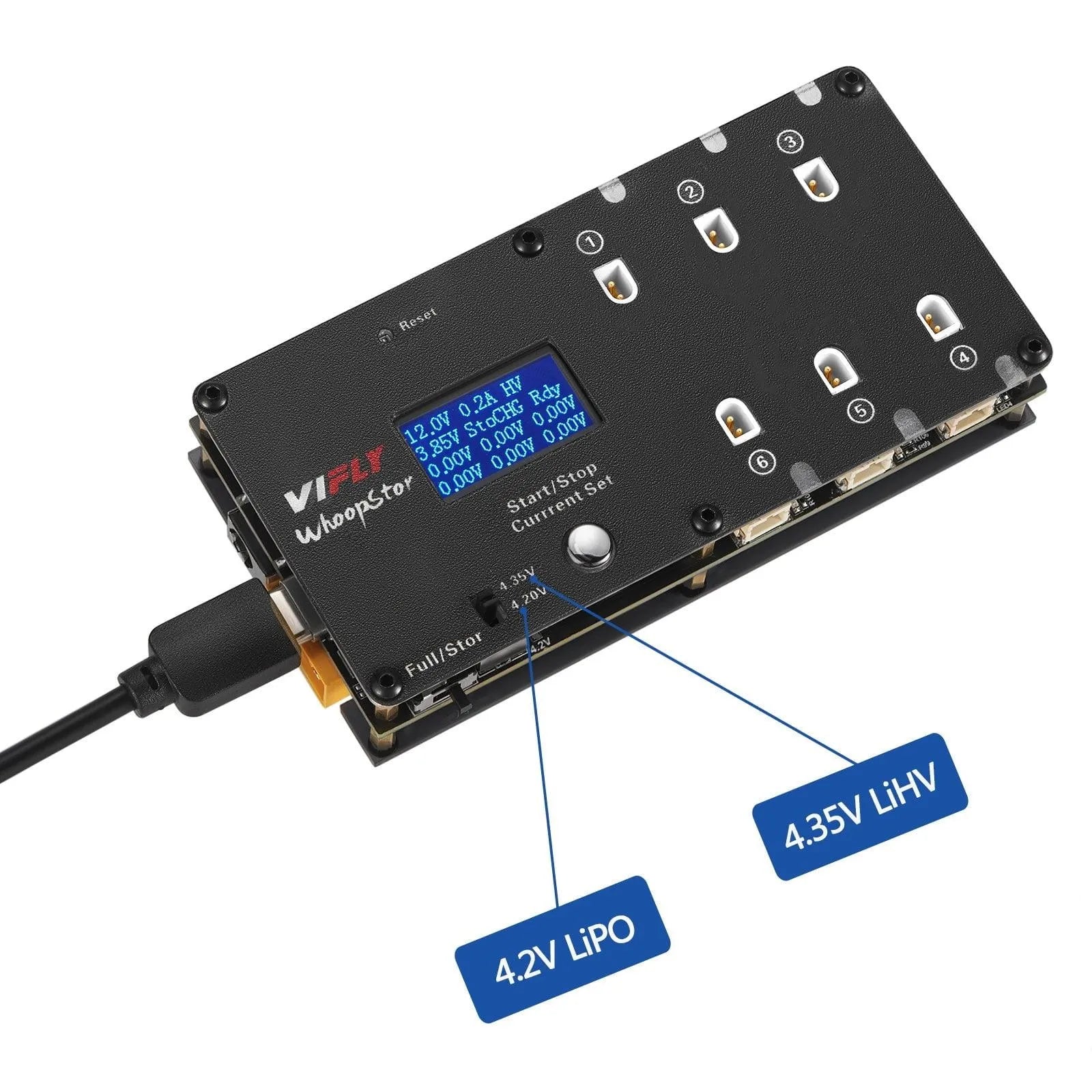 VIFLY Whoopstor V2 1S LiPo/LiHV 6-Channel Battery Charger & Discharger - DC/USB-C Input - Compatible with BT2.0 & PH2.0 Connectors - Perfect for FPV Drone Racing and RC Hobby Charging