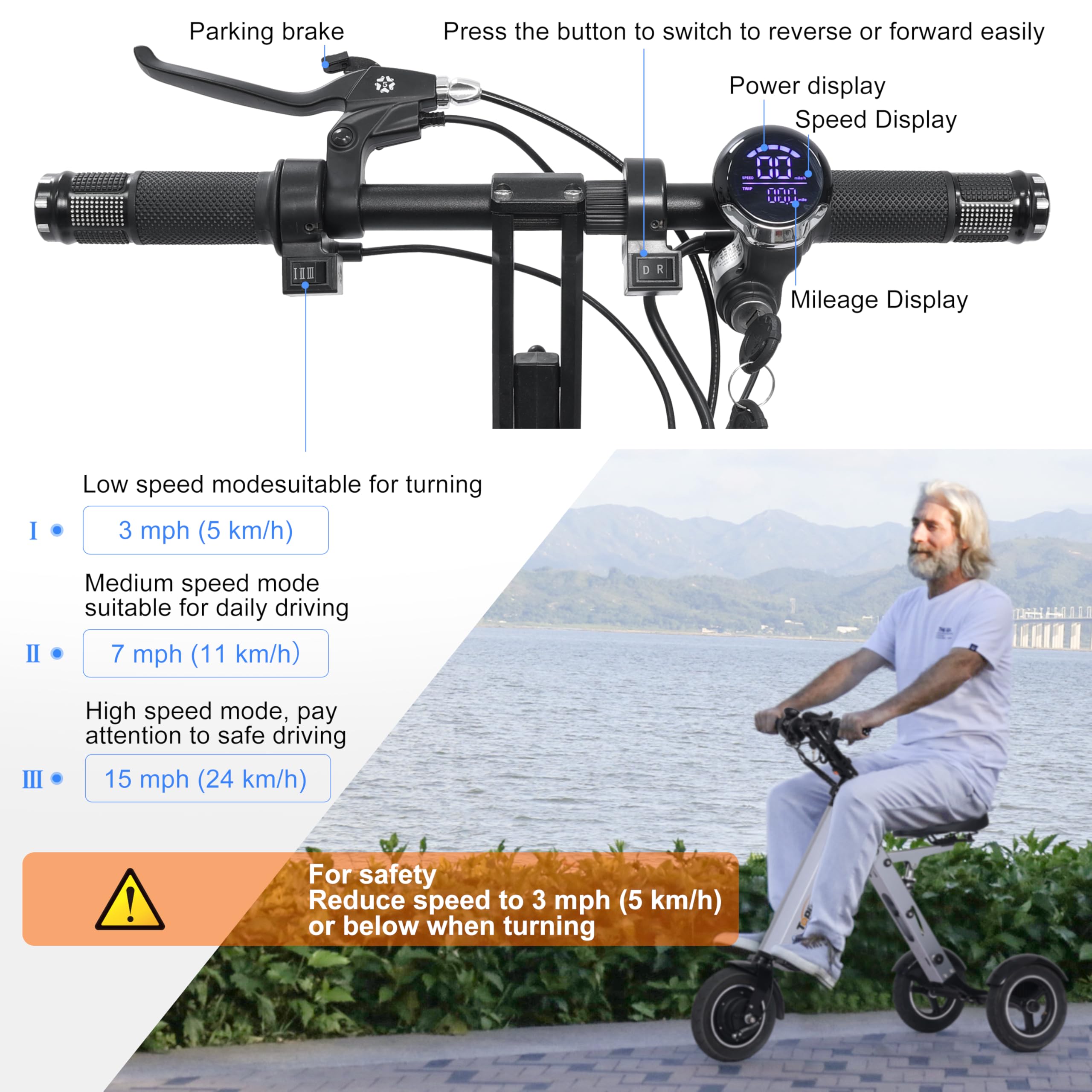 TopMate ES35 3-Wheel Foldable Electric Mobility Scooter for Adults - Lightweight & Portable with Removable 36V 7.8AH Battery, Reverse Function & Key Switch - Perfect for Commuting, Travel & Outdoor Activities