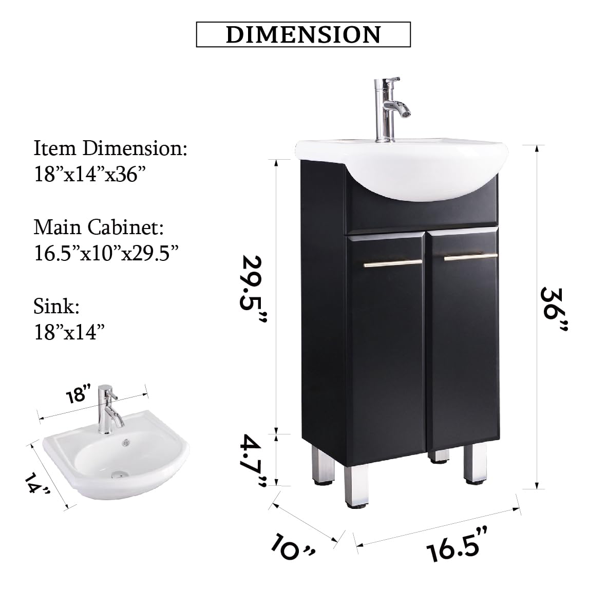 18 Inch Small Bathroom Cabinet Vanity Set with Mirror, Ceramic Vessel Sink & Faucet - Includes Drain, Black - Perfect for Powder Rooms, Guest Baths & Compact Spaces
