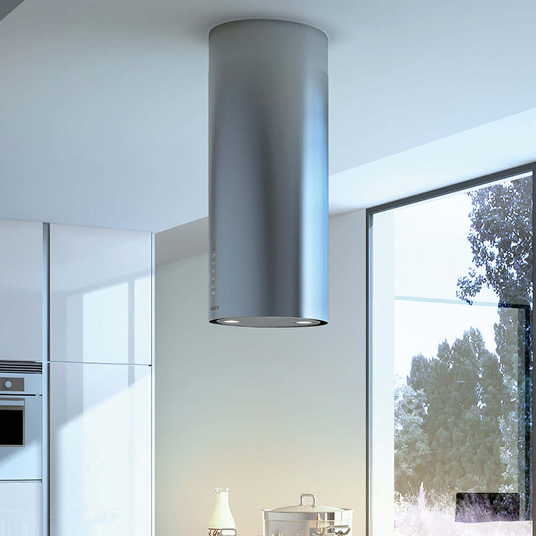 Faber Cylindra Isola 15 Inch Stainless Steel Island Mount Range Hood - Powerful Kitchen Ventilation for Open Concept Homes & Modern Kitchens