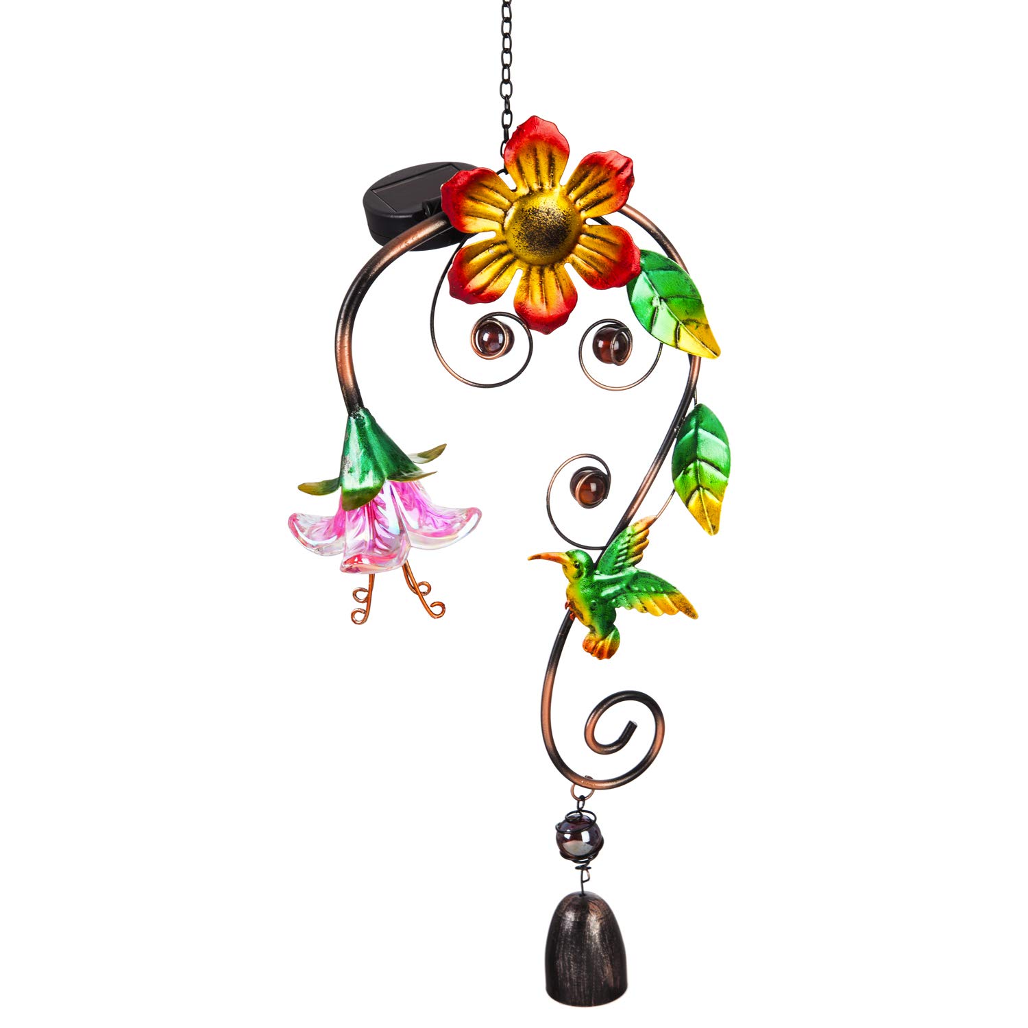 Evergreen Solar Hanging Outdoor Decor with Bell & Hummingbird - Weatherproof Garden Ornaments for Patio, Yard, Porch - Perfect for Spring Decorations, Wedding Decor & Backyard Parties