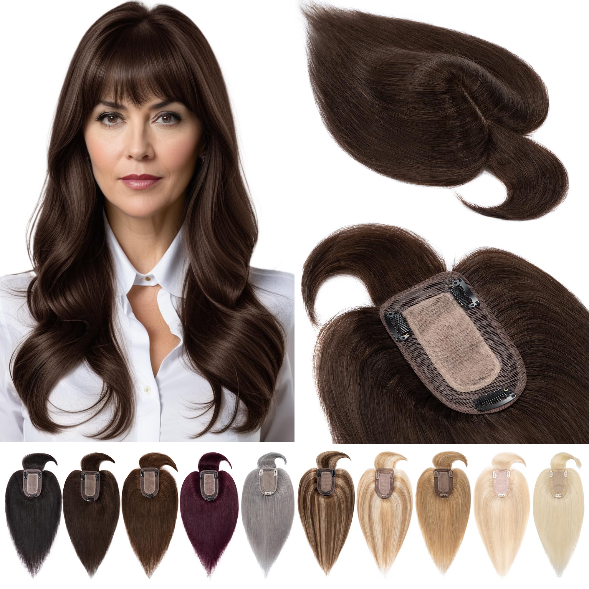 Human Hair Toppers for Women with Bangs - 7x13cm Silk Base Clip-In Hairpiece for Thinning Hair | 18 Inch Dark Brown Wiglet | Perfect for Daily Wear, Parties & Special Occasions