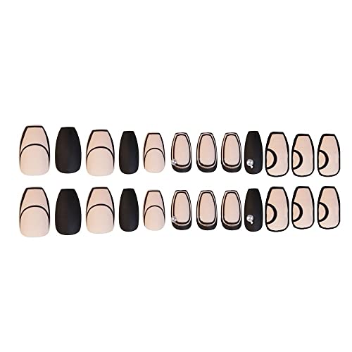 Elegant Milk Tea Coffee Pearl Design False Nails - 24pcs Ballerina Nail Tips with Line Drawing Art, Full Cover Matte Press-On Nails for Manicure | Perfect for Parties, Weddings & Daily Wear
