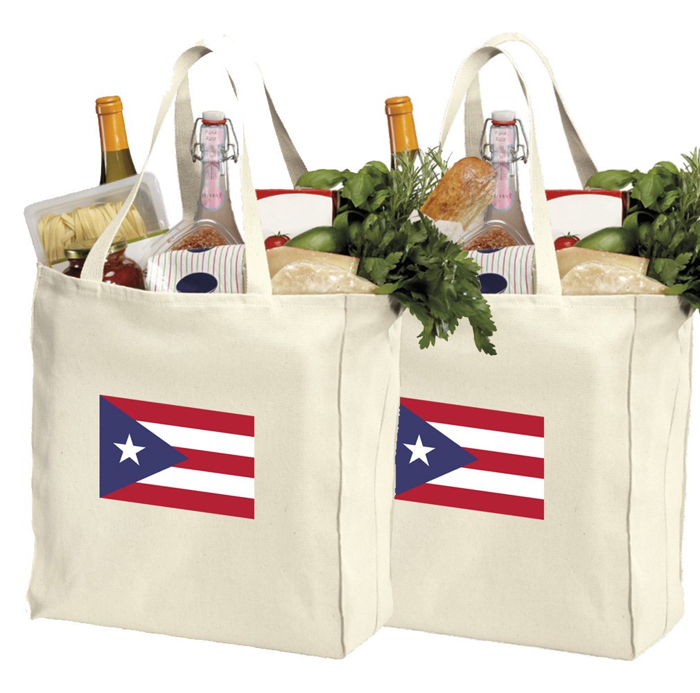 Eco-Friendly Reusable Puerto Rico Flag Grocery Bags 2-Pack - Natural Cotton Shopping Tote Bags for Groceries, Beach Trips & Farmers Market