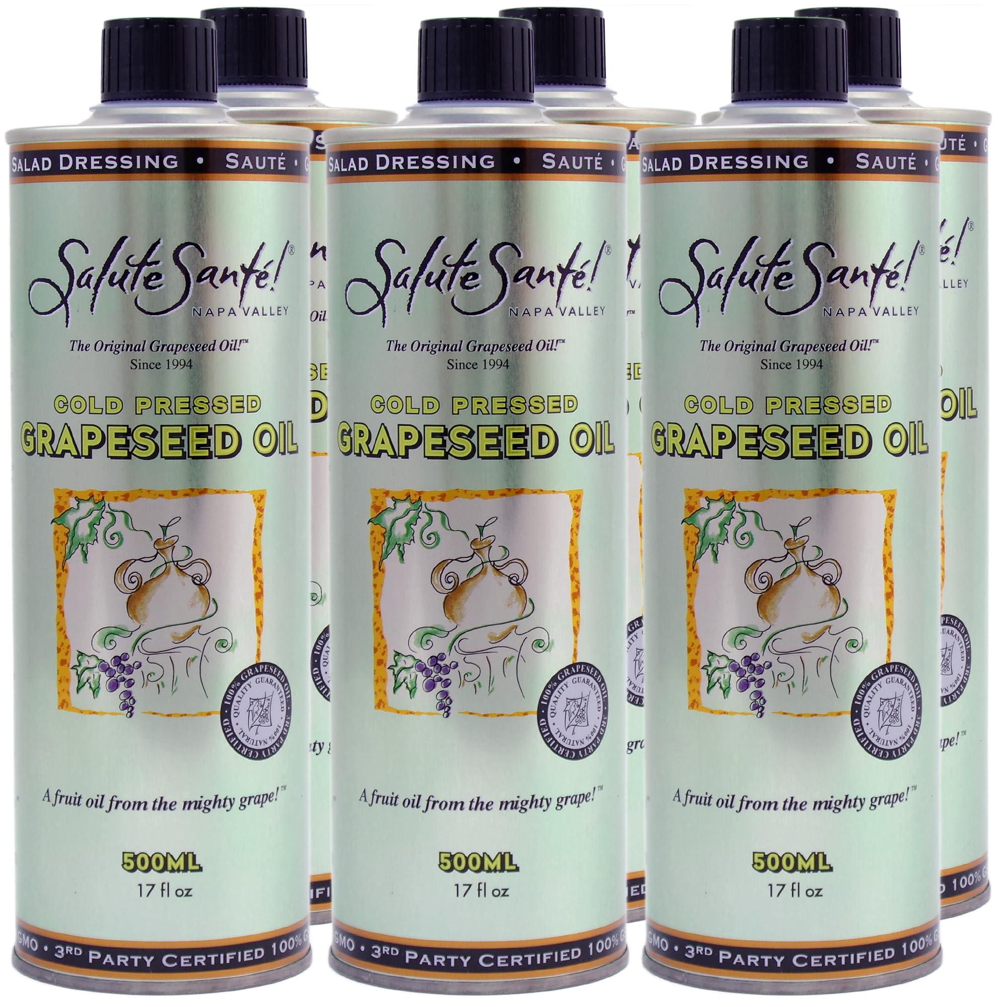 Salute Sante Cold Pressed Grapeseed Oil - 6 Pack (500ml Each) | Non-GMO, Kosher Certified, Vegan Cooking Oil for High Heat & Healthy Recipes | Perfect for Salad Dressings, Marinades, Dips & Baking | Ideal for Mediterranean Dishes, Stir-Fries & Homemade Sauces