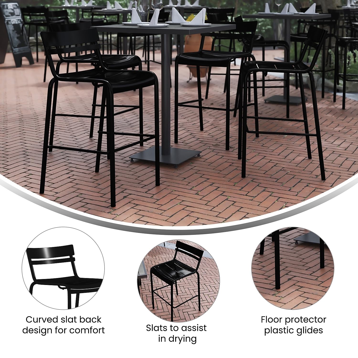 Flash Furniture Nash Commercial Grade Steel Stack Stool - Set of 2 Black Indoor-Outdoor Bar Stools with 2 Slat Back - Perfect for Home Bars, Restaurants & Patios