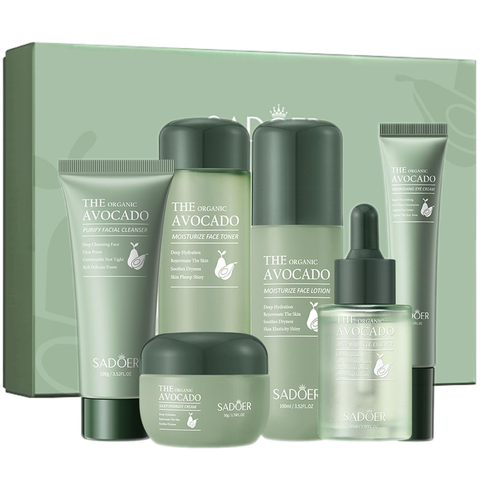 6Pcs Avocado Skincare Gift Set for Women - Hydrating Facial Cleanser, Serum, Cream, Eye Cream, Toner & Moisturizing Lotion | Complete Daily Skincare Routine Kit for Dry & Sensitive Skin | Perfect Gift for Mother's Day & Self-Care