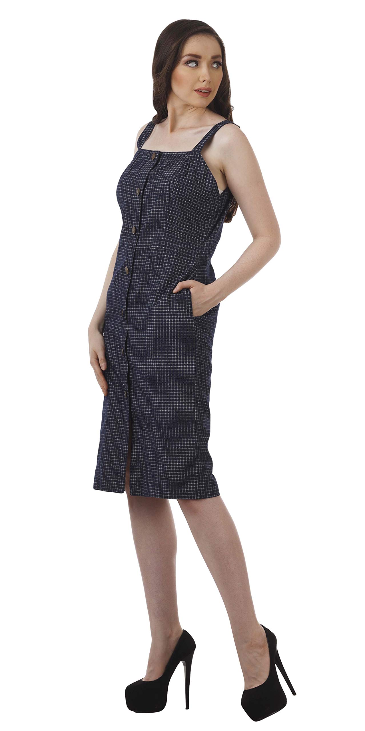 Bimba Women's Chambray Button Down Pinafore Dress - Knee Length Casual Short Dress for Everyday Wear, Office, and Date Nights