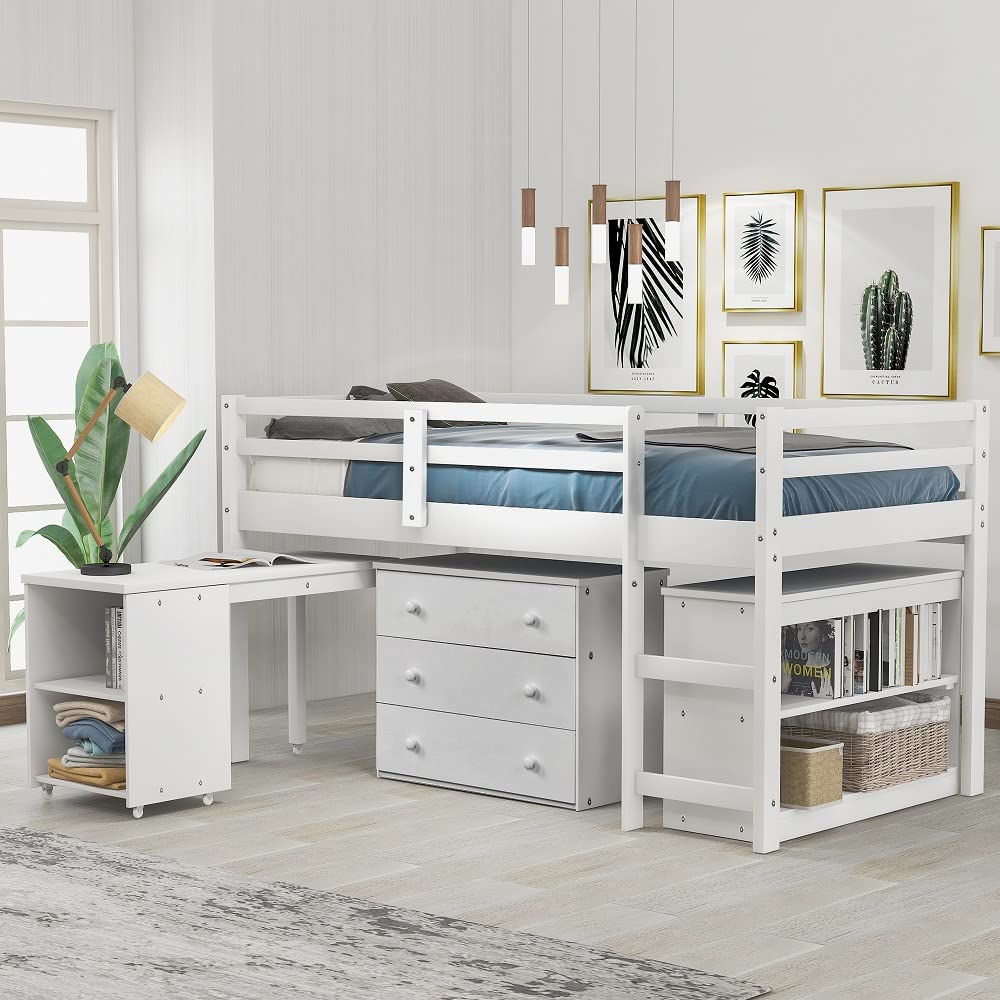 Regerel Low Study Twin Loft Bed with Cabinet & Rolling Desk for Kids Teens - Space-Saving White Wooden Bunk Bed with Built-in Storage & Mobile Workstation - Perfect for Small Bedrooms, Dorm Rooms & Kids' Study Areas (Model: RG-LT000113W)