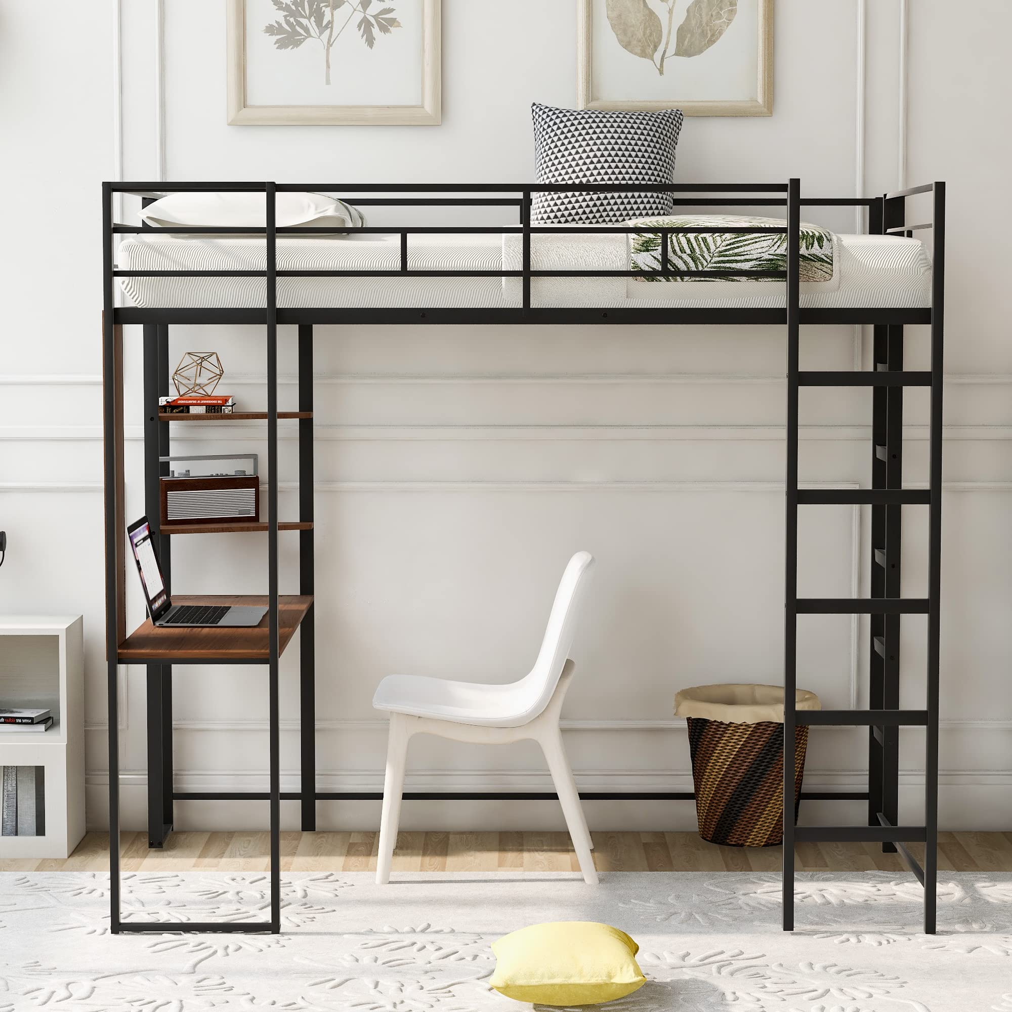 Twin Size Loft Bed with Study Desk & Storage Shelves - Sturdy Metal Frame with Safety Ladders & Guardrails - Space-Saving Design for Small Bedrooms, Dorms or Guest Rooms - Black Modern Furniture for Teens & Adults