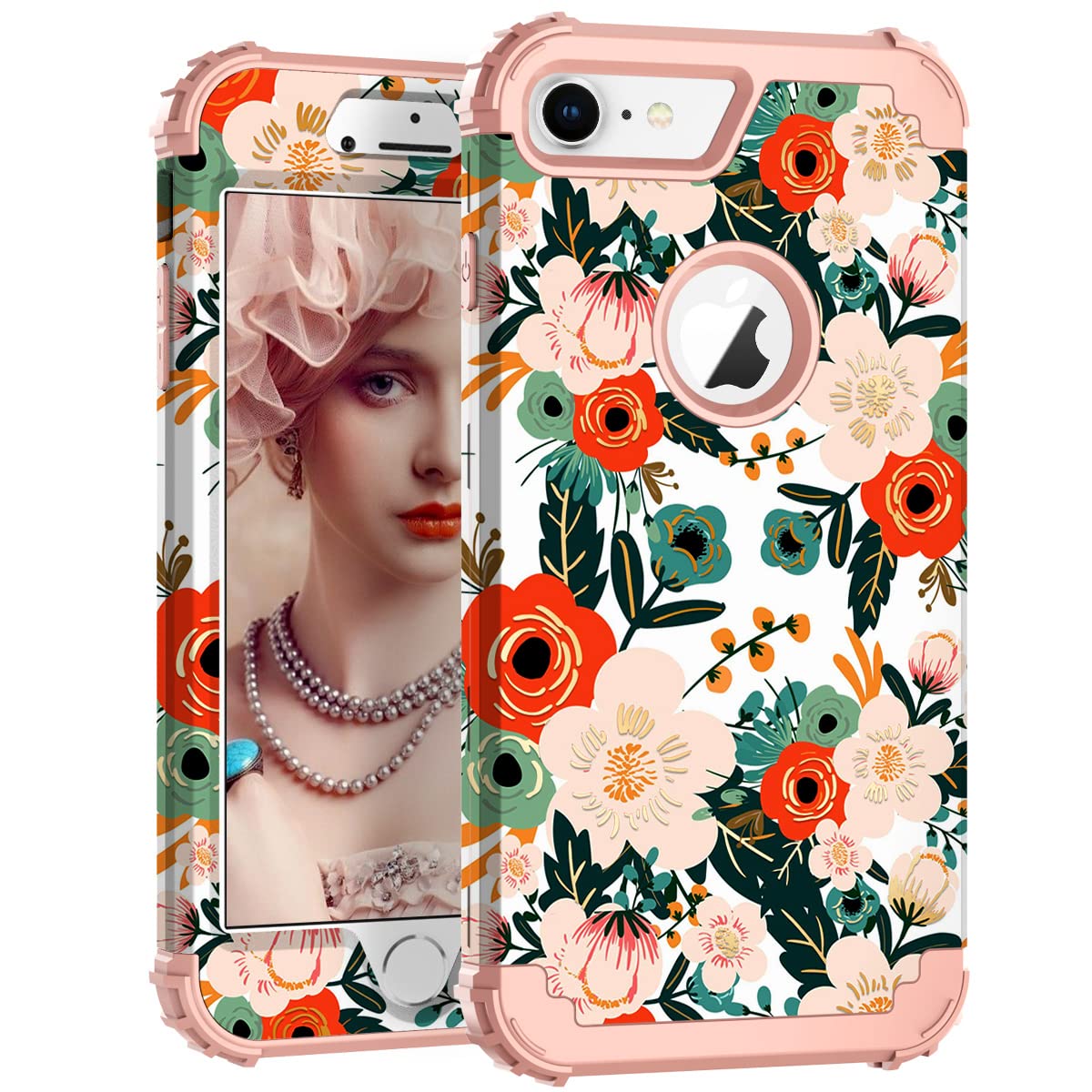 PIXIU Heavy Duty Shockproof iPhone 8/7 Case - 3-Layer Hybrid Armor Protective Cover for Apple iPhone 8 & iPhone 7 (White Flower Design) | Perfect for Outdoor Activities, Work & Daily Protection