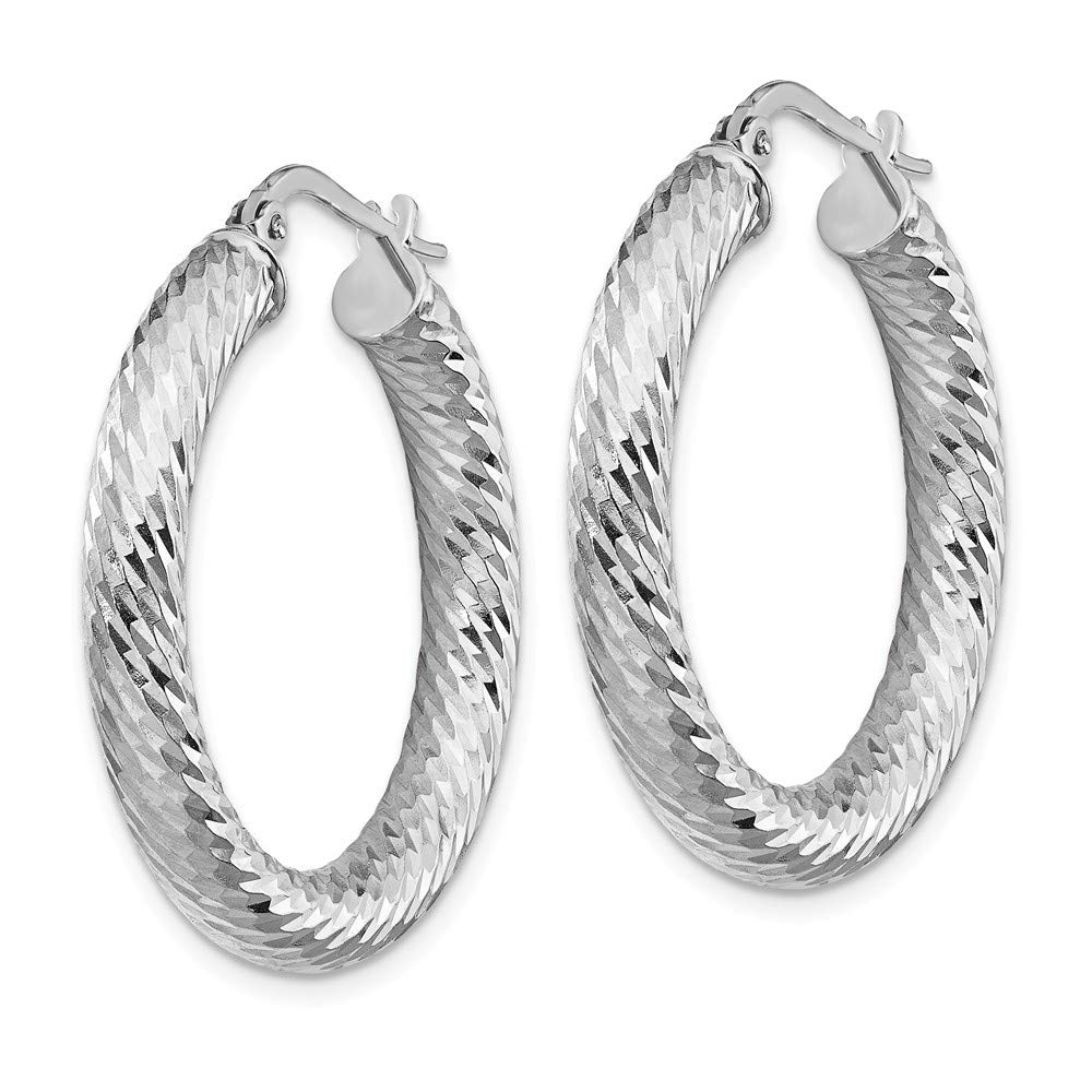 14K White Gold 4X20mm Diamond-Cut Round Hoop Earrings for Women - Elegant Everyday Jewelry for Work, Party & Special Occasions